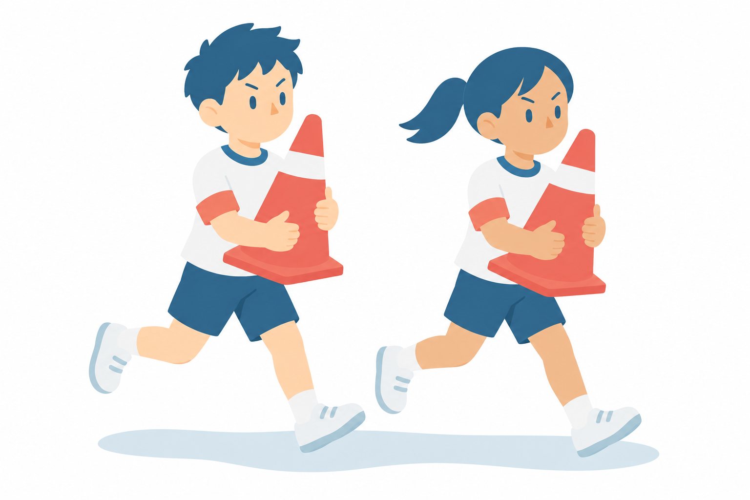 小学生・用具係(コーンを運ぶ)。うで章をつけたふたりが、コーンをかかえて走って運んでいる。文字なし・白背景。