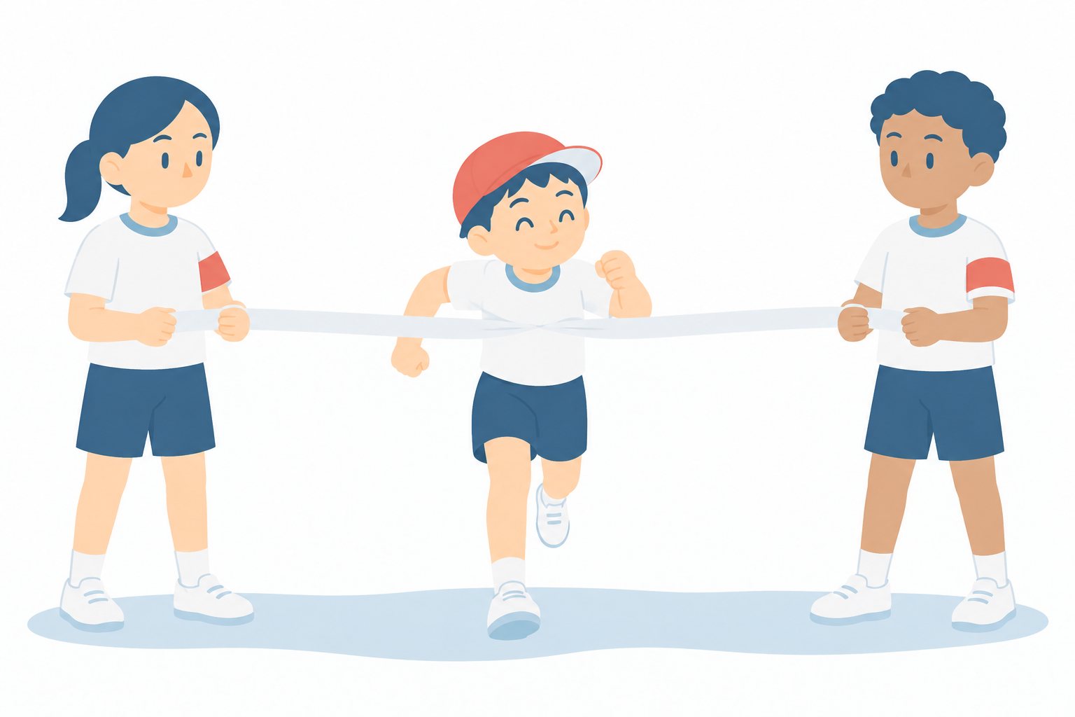 小学生・決勝係（ゴールテープを持つ）。ふたりの係がゴールテープをぴんとはり、低学年の子がゴールする。文字なし・白背景。
