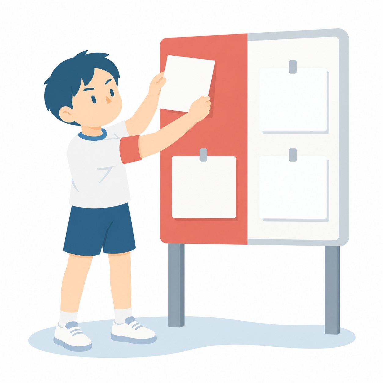 小学生・得点係（得点板にカードをかける）。赤組と白組の得点板に、カードをかけている係の子。板とカードは無地なので、数字を上からのせて使える。文字なし・白背景。
