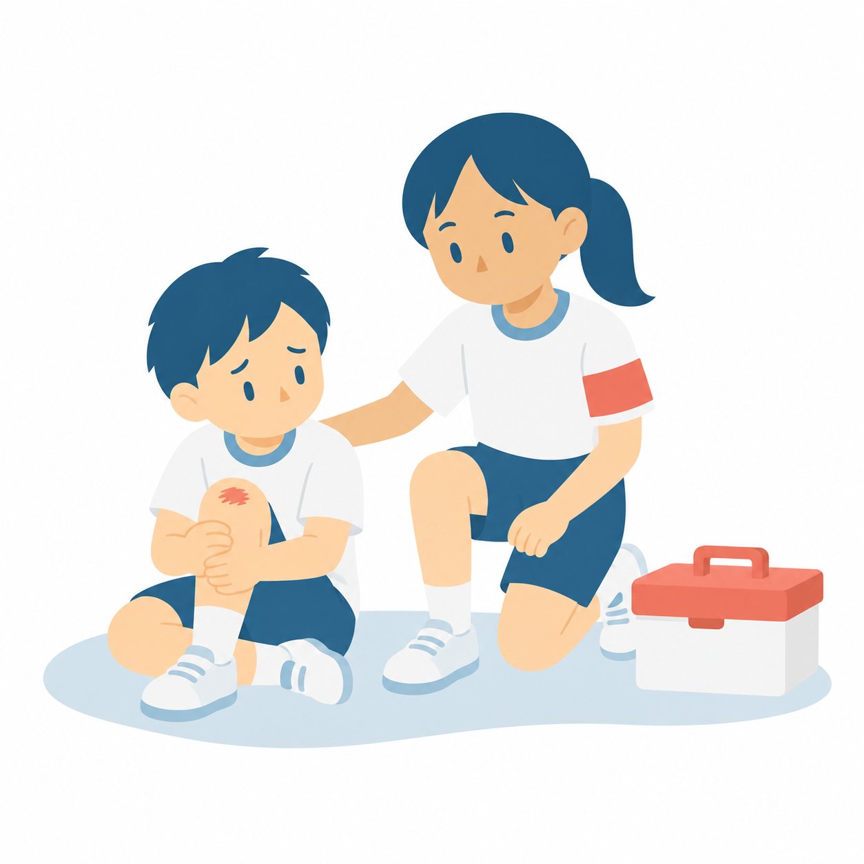 小学生・救護係（けがをした子によりそう）。ひざをすりむいた低学年の子のとなりにしゃがみ、背中に手をそえる係の子。横に救急箱がある。文字なし・白背景。