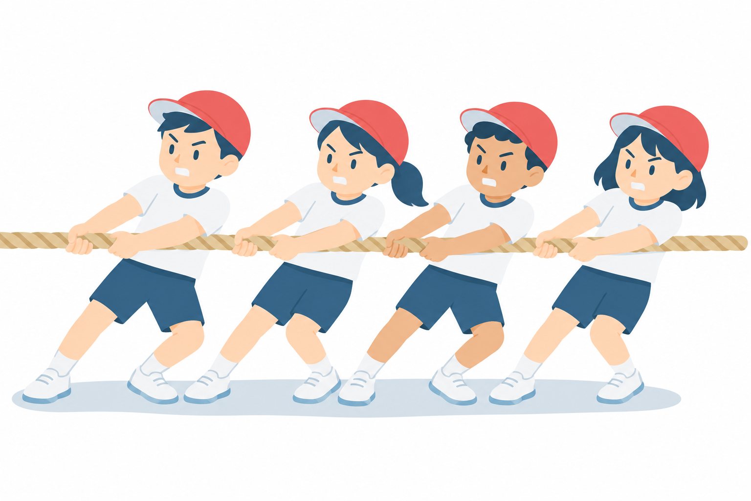 小学生・つな引きをする4人。赤ぼうしの4人が、体をうしろにたおしてつなを引いている。文字なし・白背景。