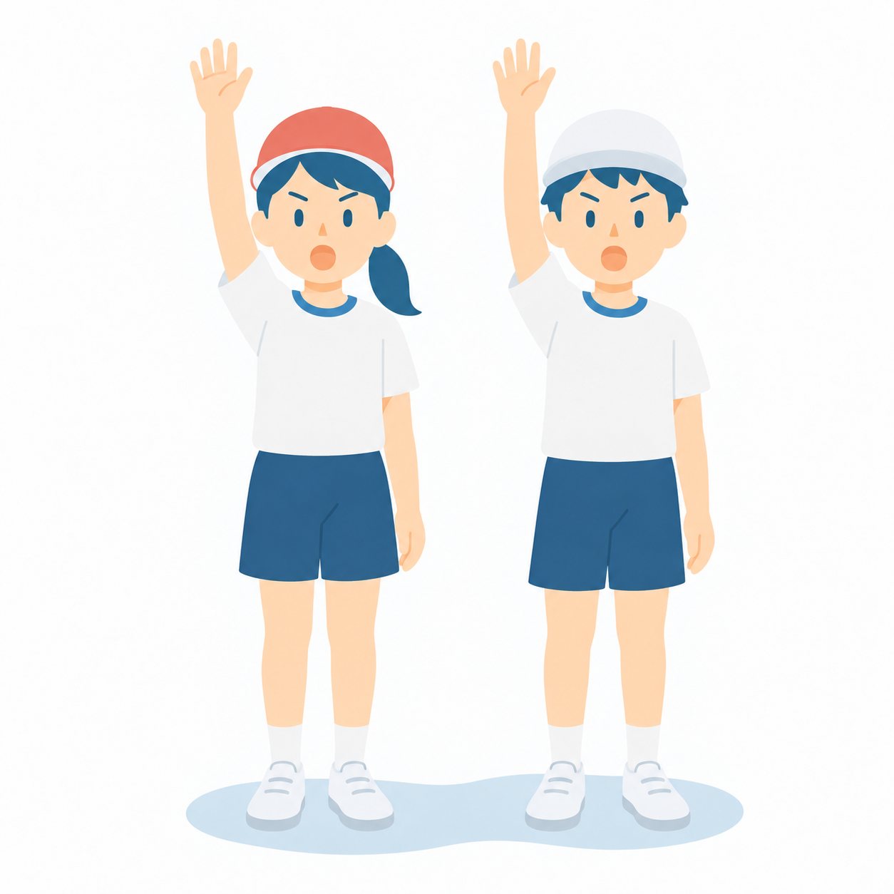 小学生・選手せんせいをするふたり。赤ぼうしと白ぼうしの代表のふたりが、右手をまっすぐ上げて選手せんせいをしている。文字なし・白背景。