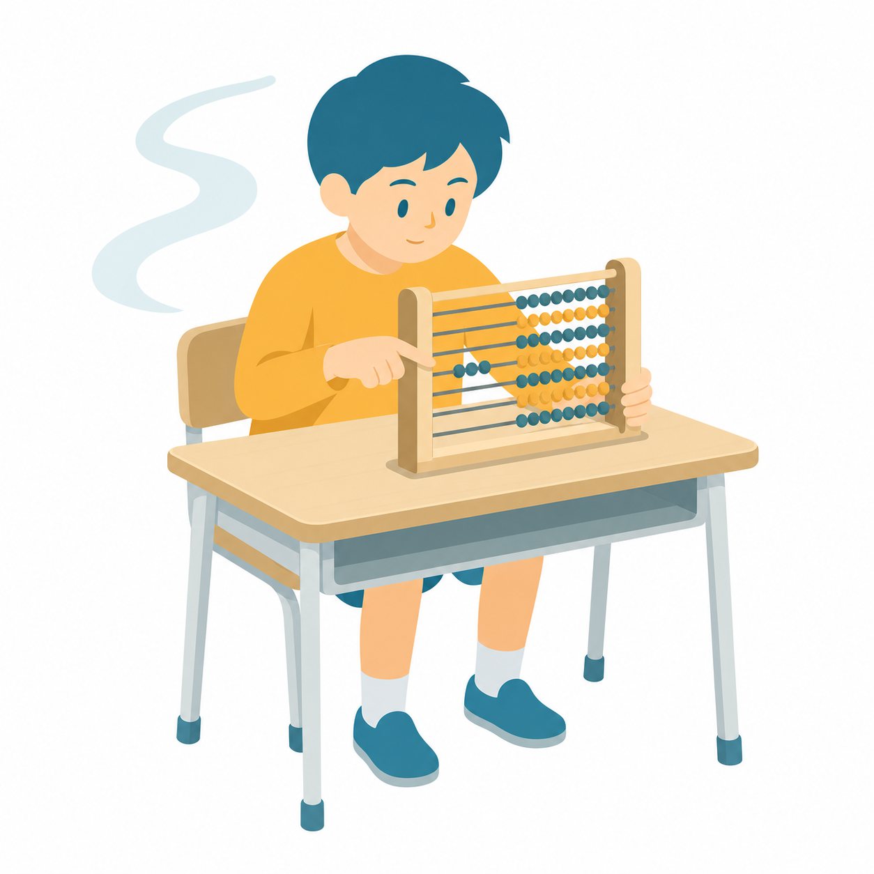 算数・100玉そろばんで数える。100玉そろばんの玉を動かして数える子どものフラットイラスト。