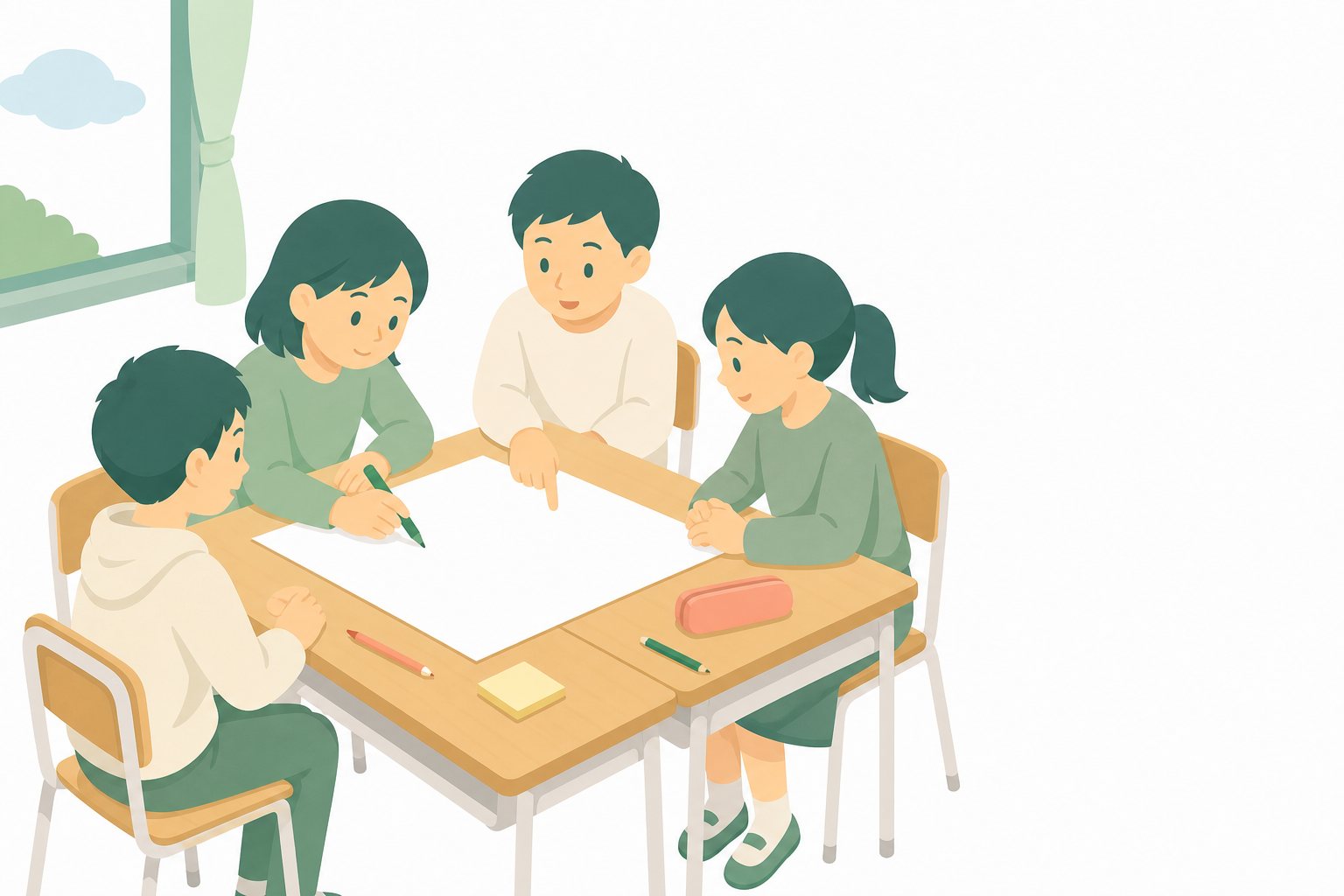 班活動・話し合い。机を寄せて話し合い、大きな紙に書き込む班活動のフラットイラスト。