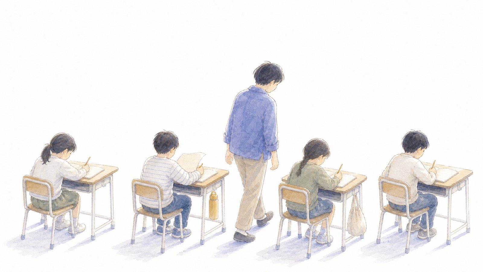 机の間を歩いて見て回る先生（机間巡視）。書いている子どもたちの間をゆっくり歩き、手元を見て回る先生の水彩。児童椅子・新JIS机。16:9・白背景で上38%は題字用に空けてある。