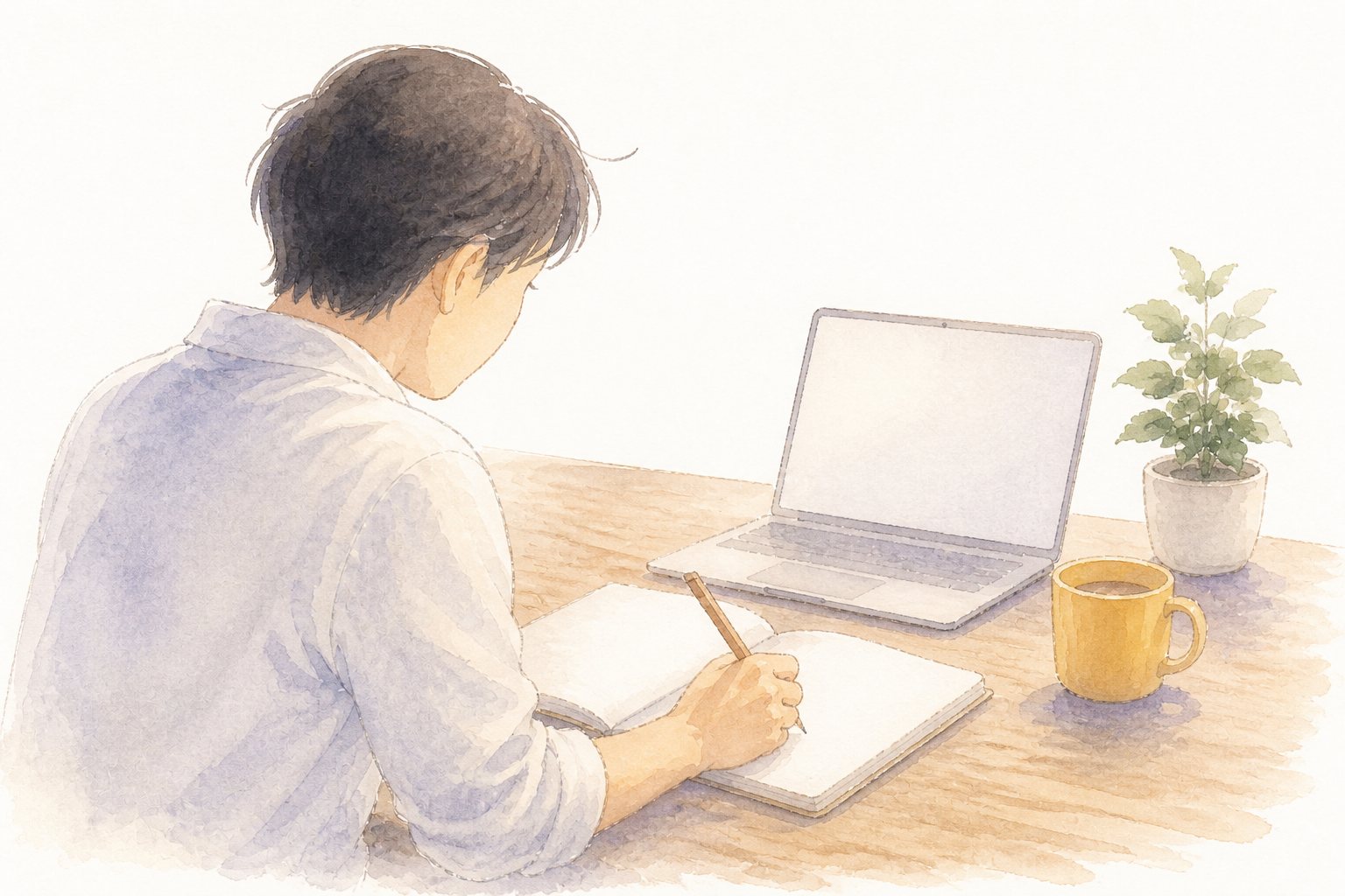 先生がノートに書きながらパソコンで学ぶ。斜め後ろから見た先生。ノートに鉛筆で書き、奥に画面無地のノートPC、からし色のマグ、小さな鉢植え。白背景の水彩で、余白多め。研修サイトのヒーロー用に描いた1枚。