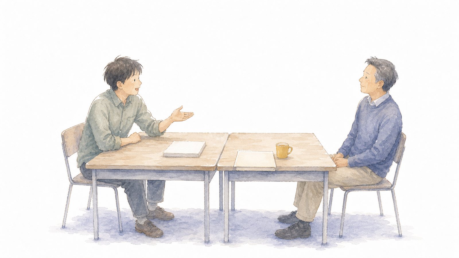職員室で机をはさんで相談する2人の先生。向かい合った机で、片方が手のひらを開いて「こうしたらいいんじゃないか」と話し、もう片方が聞いている水彩。書類は無地。16:9・白背景で上38%は題字用に空けてある。