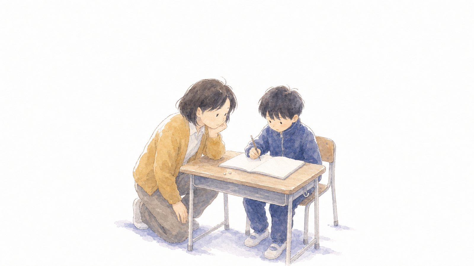 子どものそばでしゃがんで手立てを考える先生。子どもの机の横で片膝をついてノートを見つめ、どう支えるかを考えている先生の水彩。16:9・白背景で、上38%は題字用に空けてある。