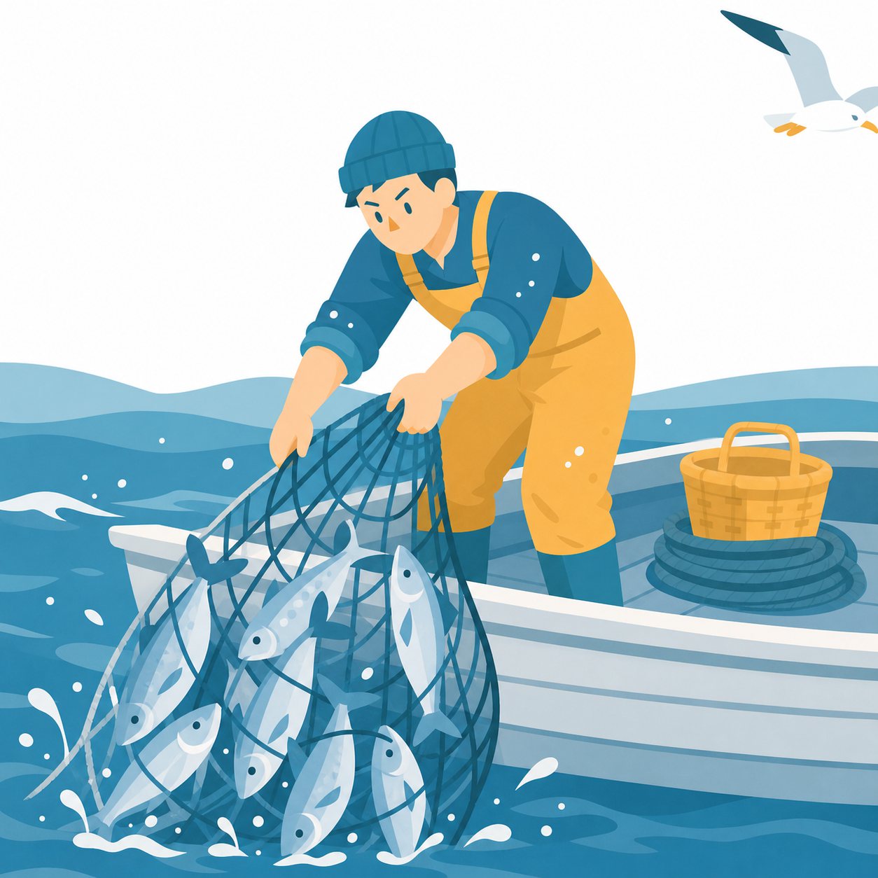 漁業｜社会ことば辞典。海や川、湖などで魚や貝をとる仕事です。