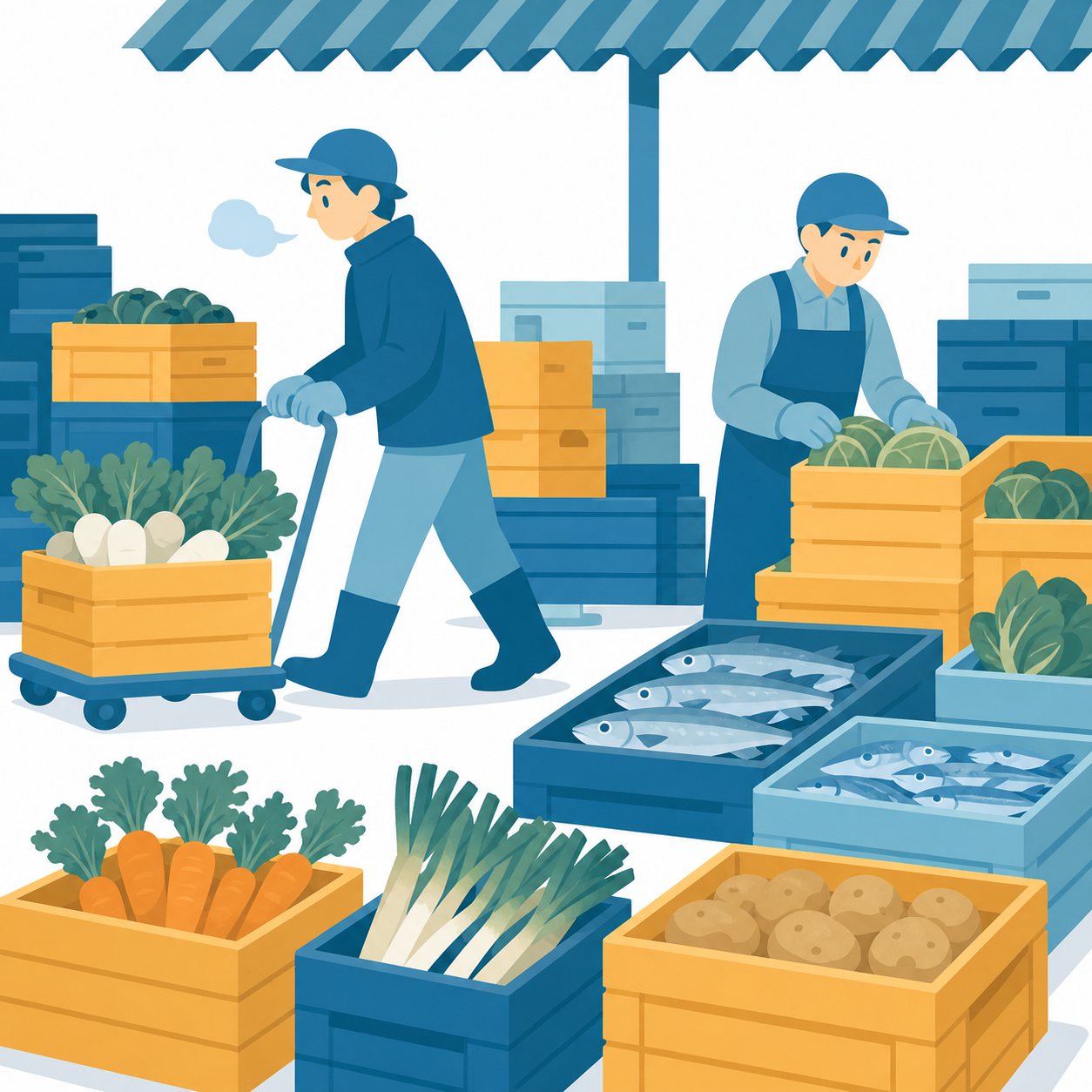 市場｜社会ことば辞典。作物や魚などを集めて、店などに売るための場所です。