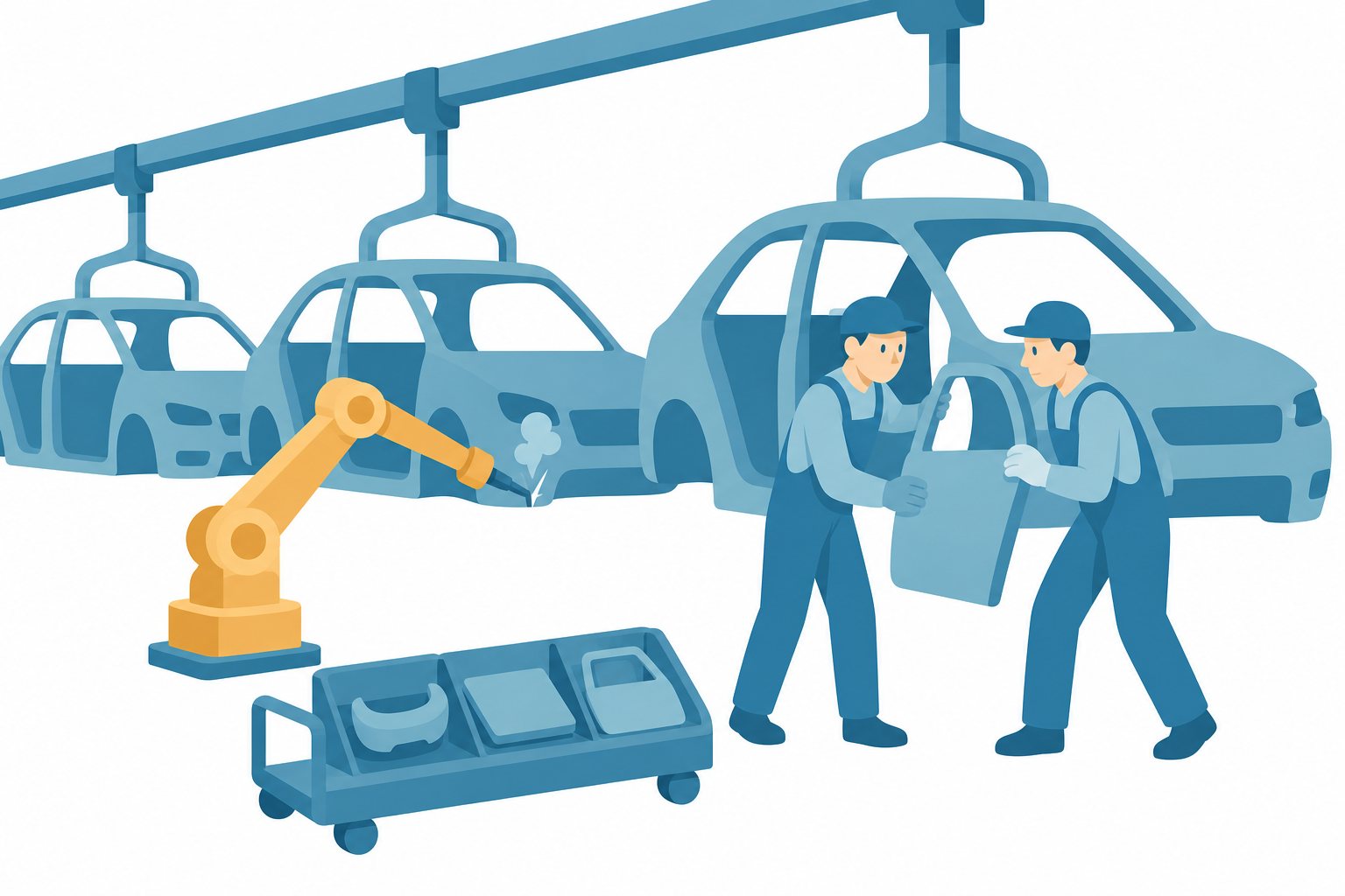 自動車工場の組み立てライン。コンベヤーで運ばれる車体、ようせつロボット、ドアを取り付ける2人の作業員のフラットイラスト。