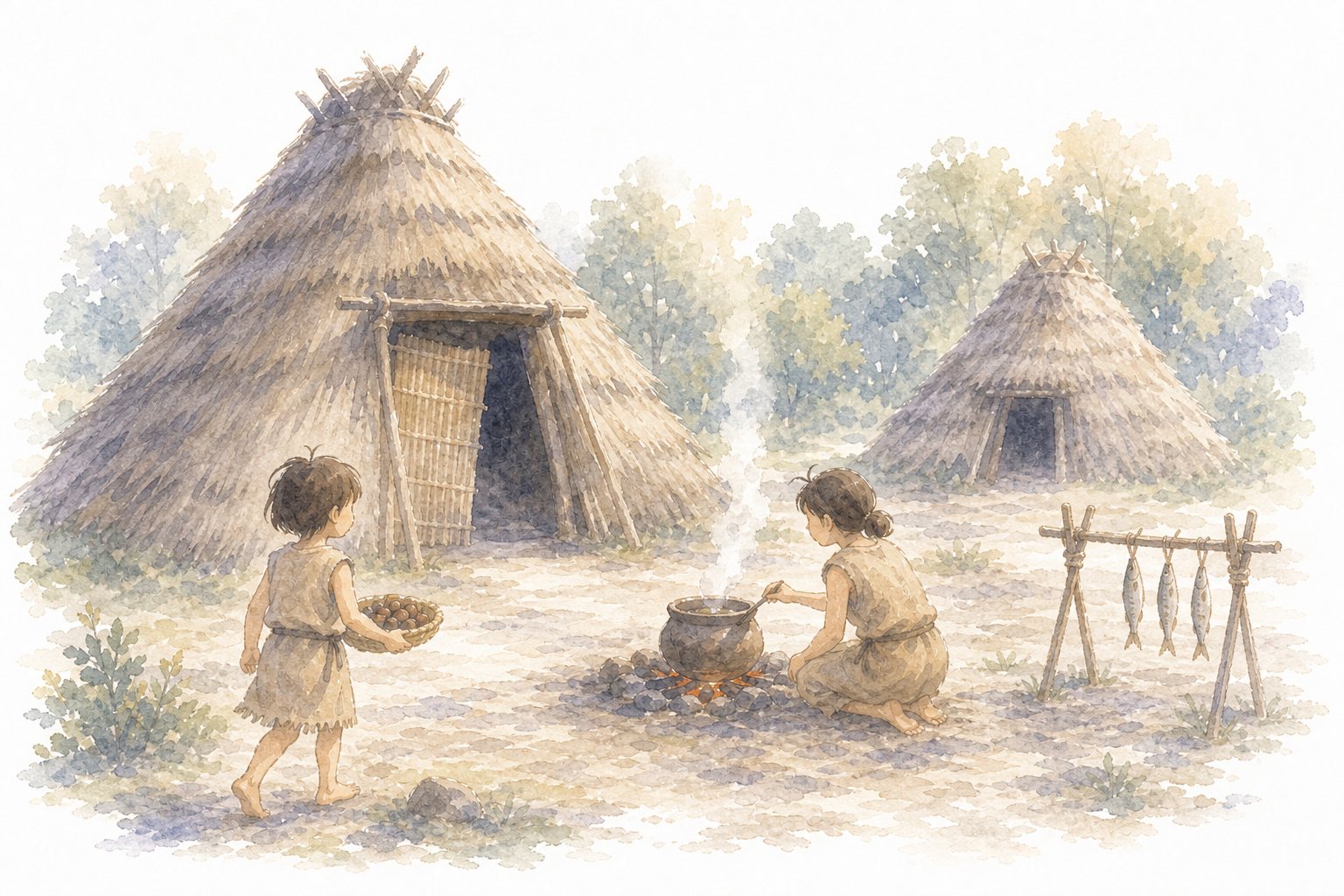 縄文のむらのくらし（想像図）。たて穴住居と土器、魚の干し場、木の実を運ぶ子どもをえがいた縄文のむらの水彩想像図。