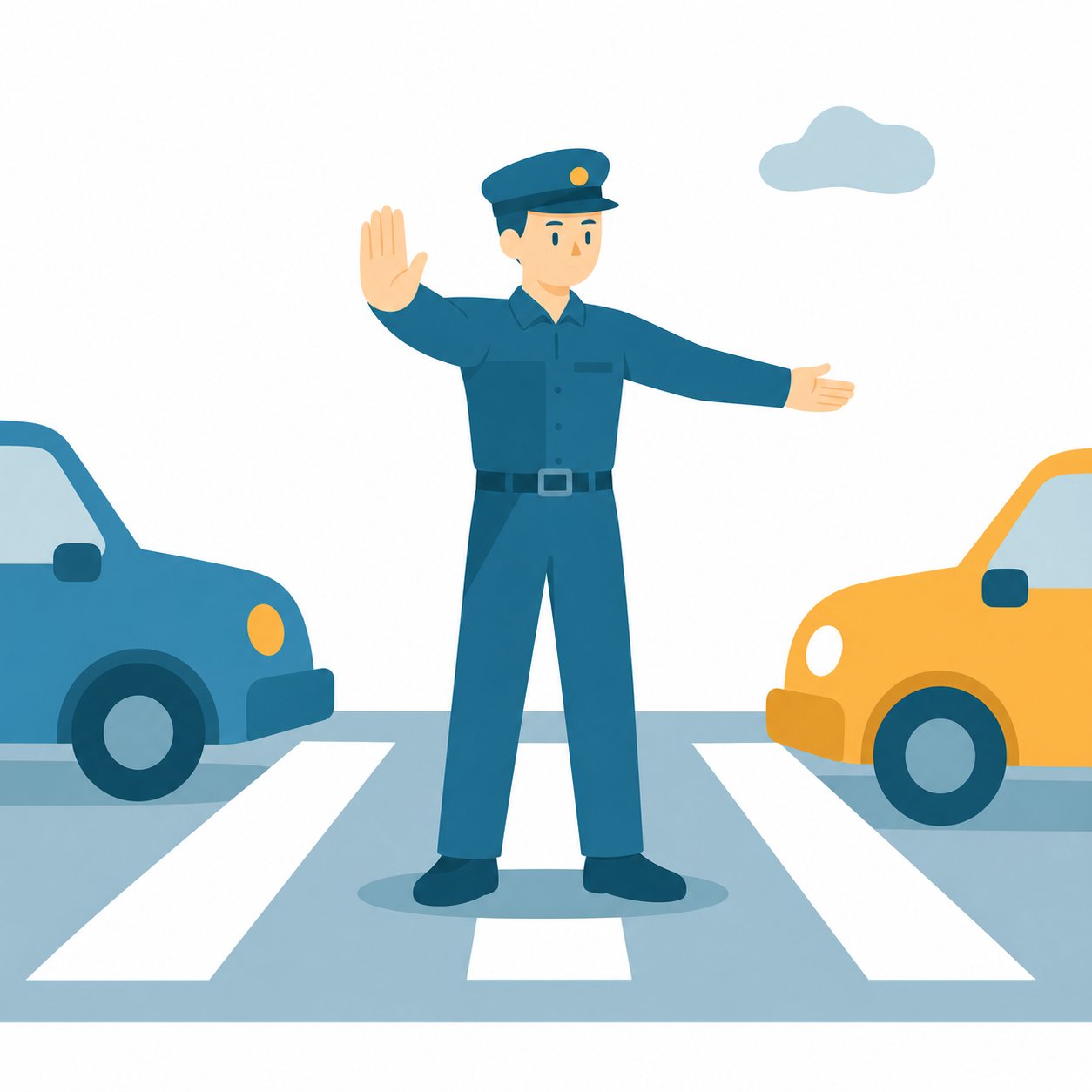 警察官｜社会ことば辞典。交通整理やパトロールなどをして、地域の安全を守る人です。