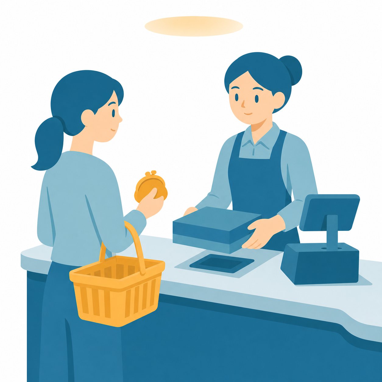 レジ｜社会ことば辞典。買った商品の代金を計算し、支払いをする場所や機械です。
