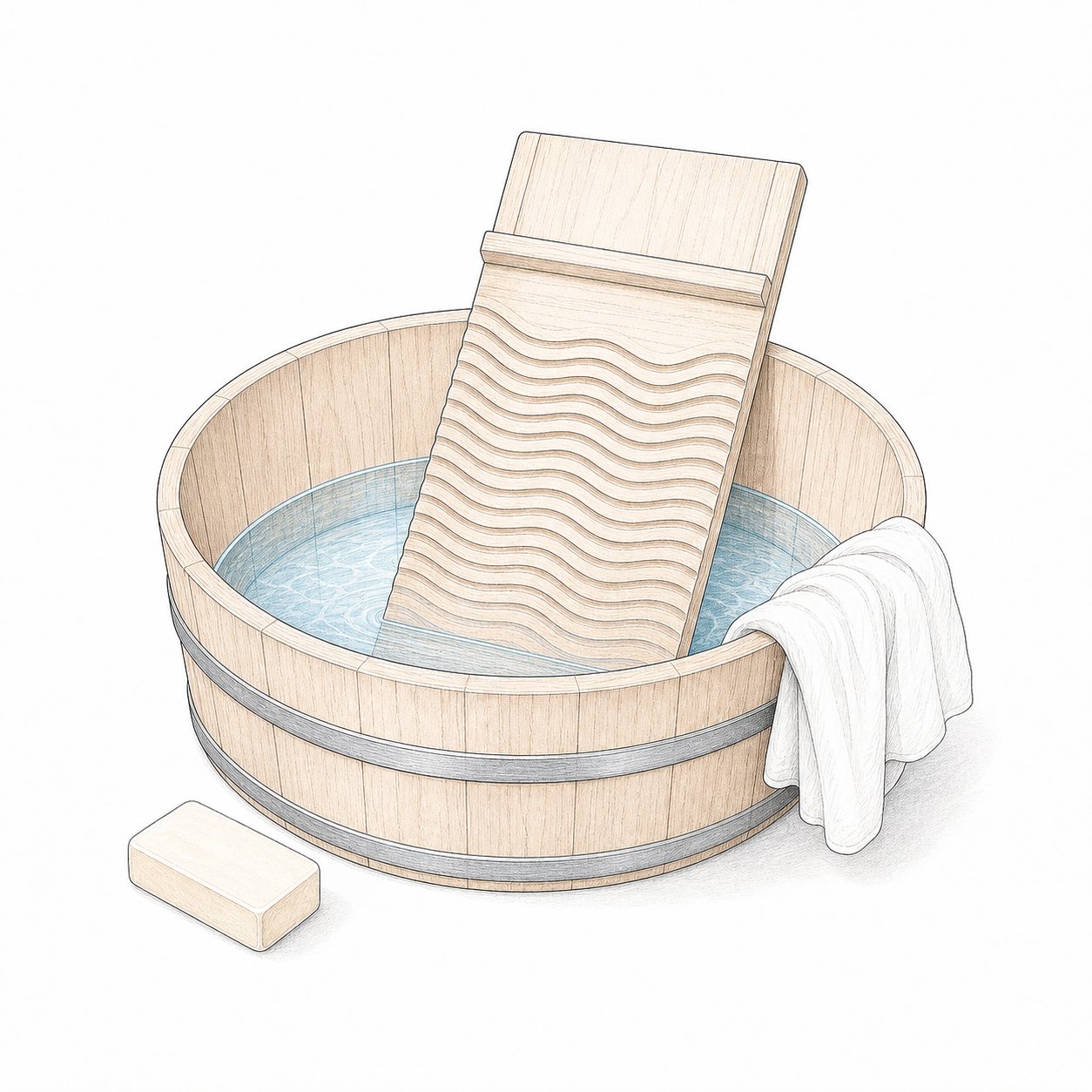 洗濯板とたらい（昔の道具）。木のたらいに立てかけた洗濯板と石けん、しぼった布。線画淡彩の図鑑調で、昔の洗濯道具のつくりがよく分かる。