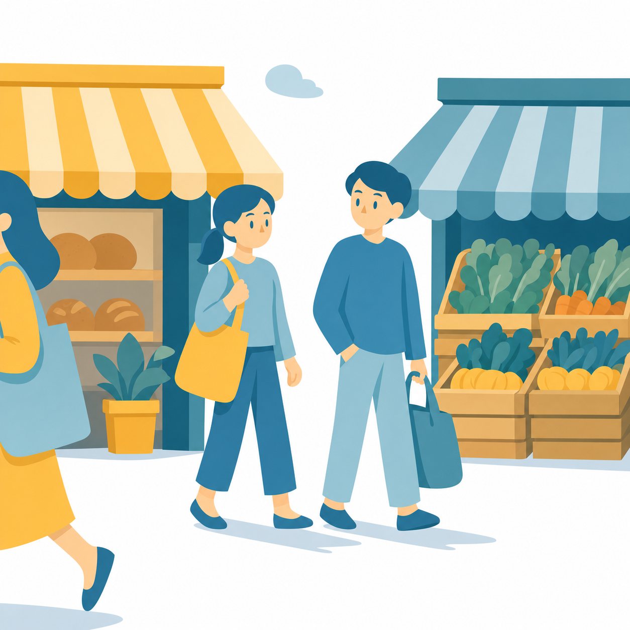 商店街｜社会ことば辞典。店がならんでいて、買い物をしたり人が集まったりする場所です。