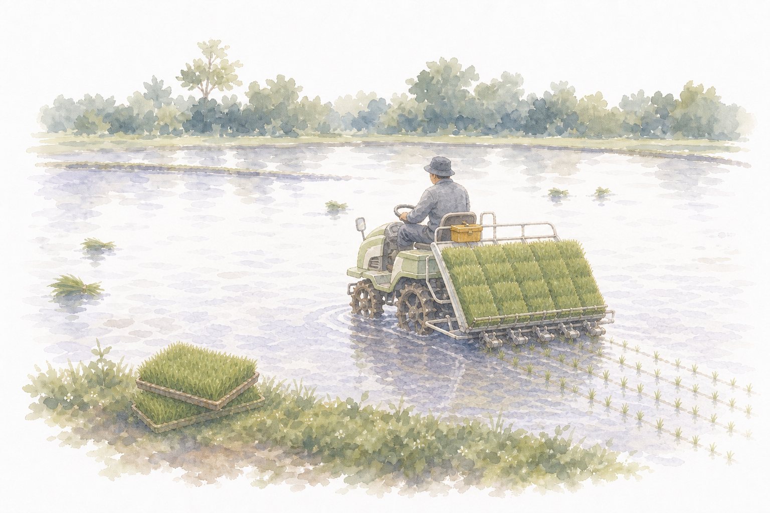 今の田植え(田植え機)。乗用の田植え機が同じ田んぼにまっすぐな列を植えていく水彩画。「昔の田植え」と対。