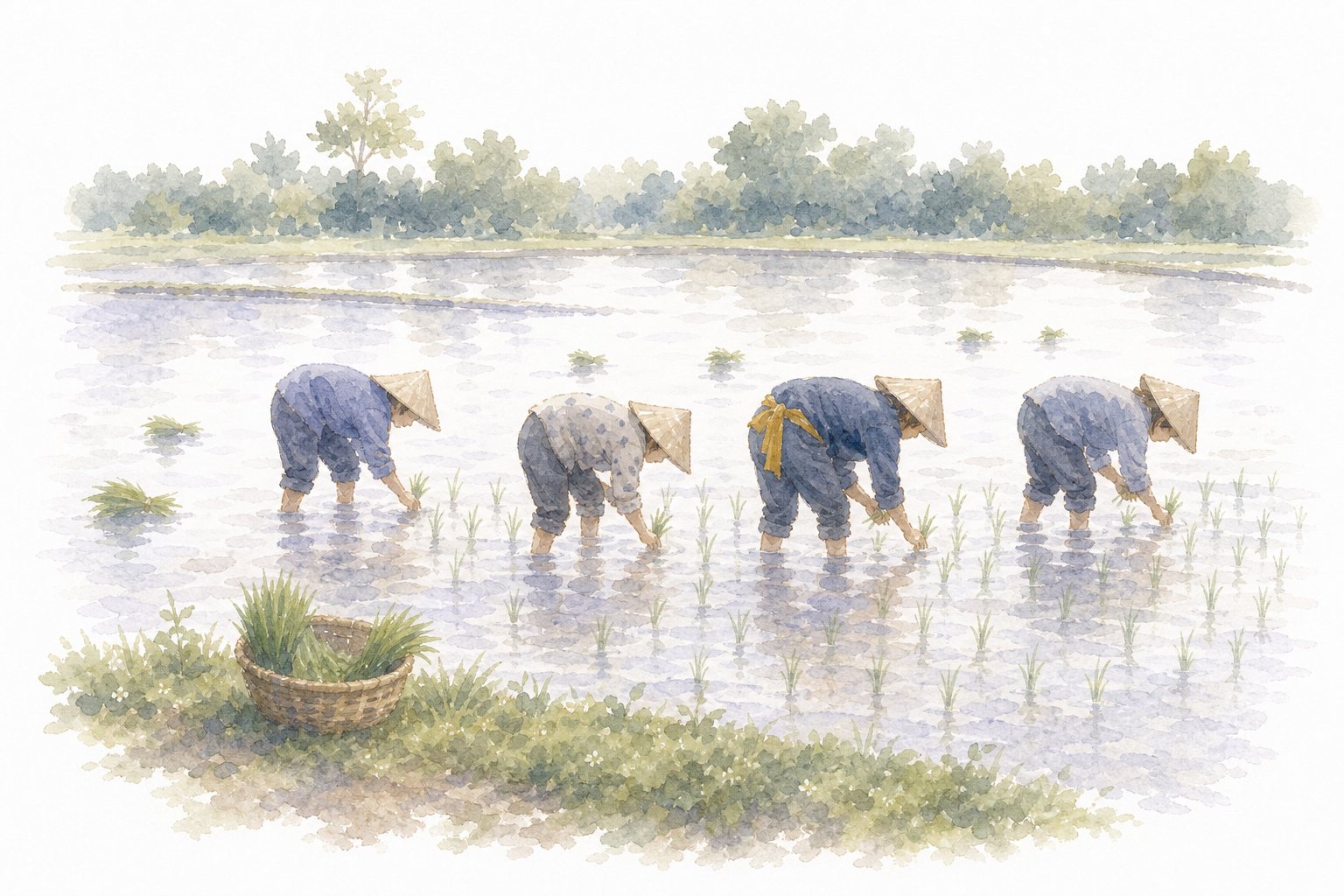 昔の田植え（手植え）。すげがさをかぶった人たちが列になって手でなえを植える、およそ60年前の田植えの水彩画。「今の田植え」と同じ田んぼの対になっている。
