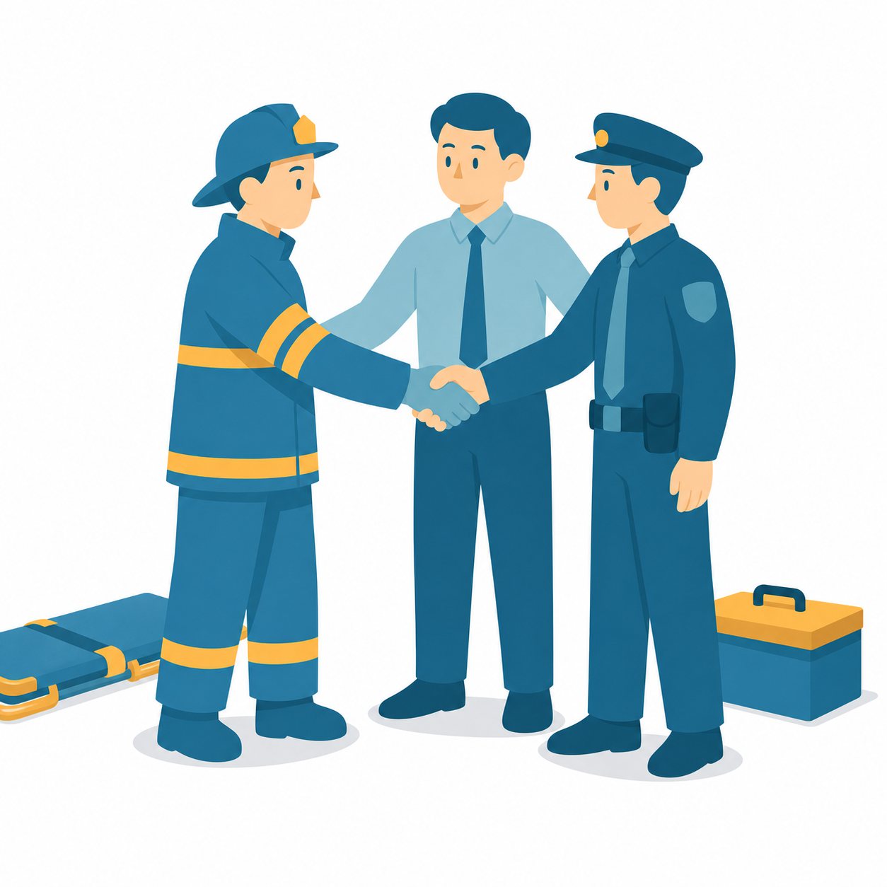 関係機関の協力｜社会ことば辞典。市役所、消防、警察、学校、地域の団体などが役割を分けて助け合うことです。
