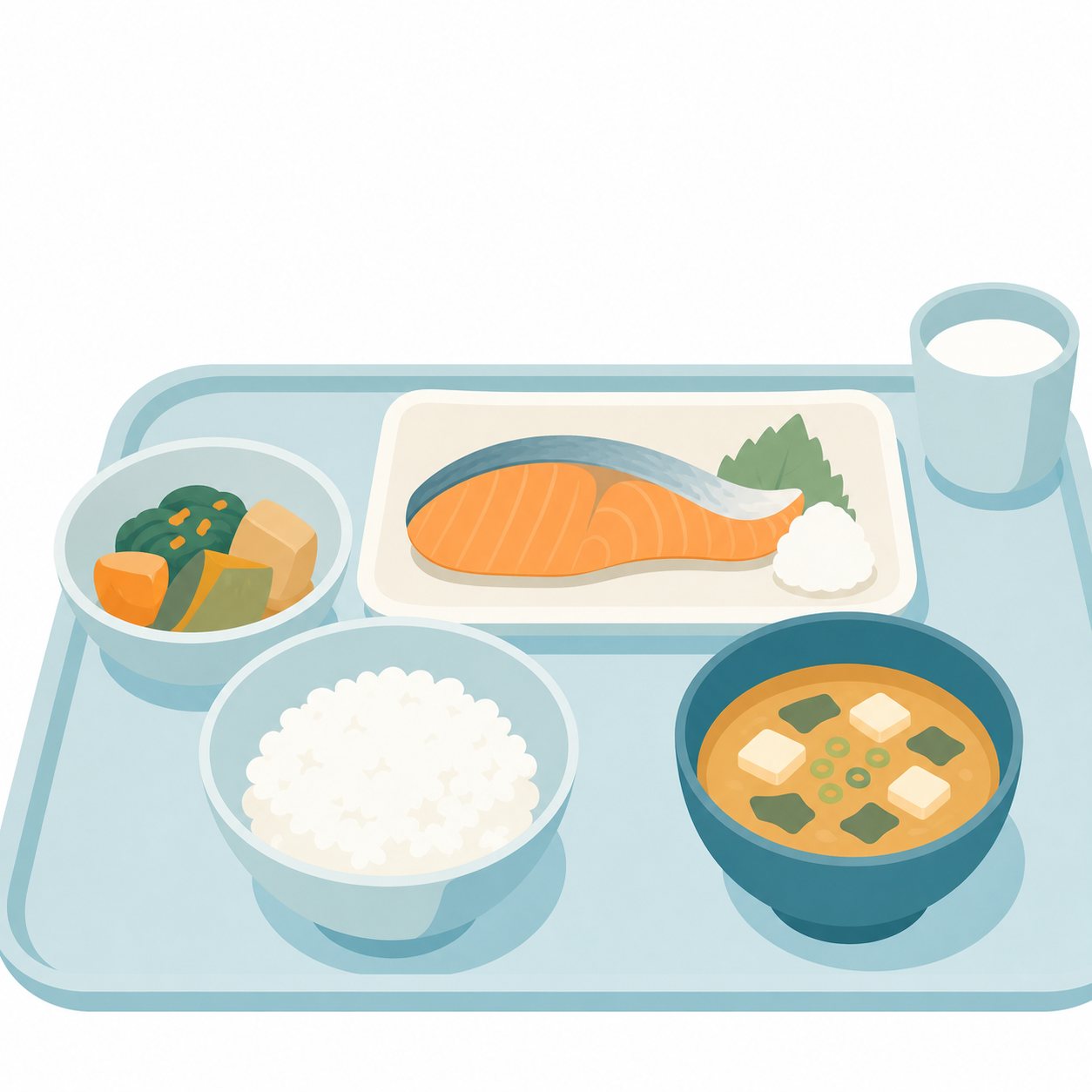 バランスのよい食事（フラット）。主食・主菜・副菜のそろったバランスのよい一食（ごはん・焼き魚・煮物・みそ汁・牛乳）。
