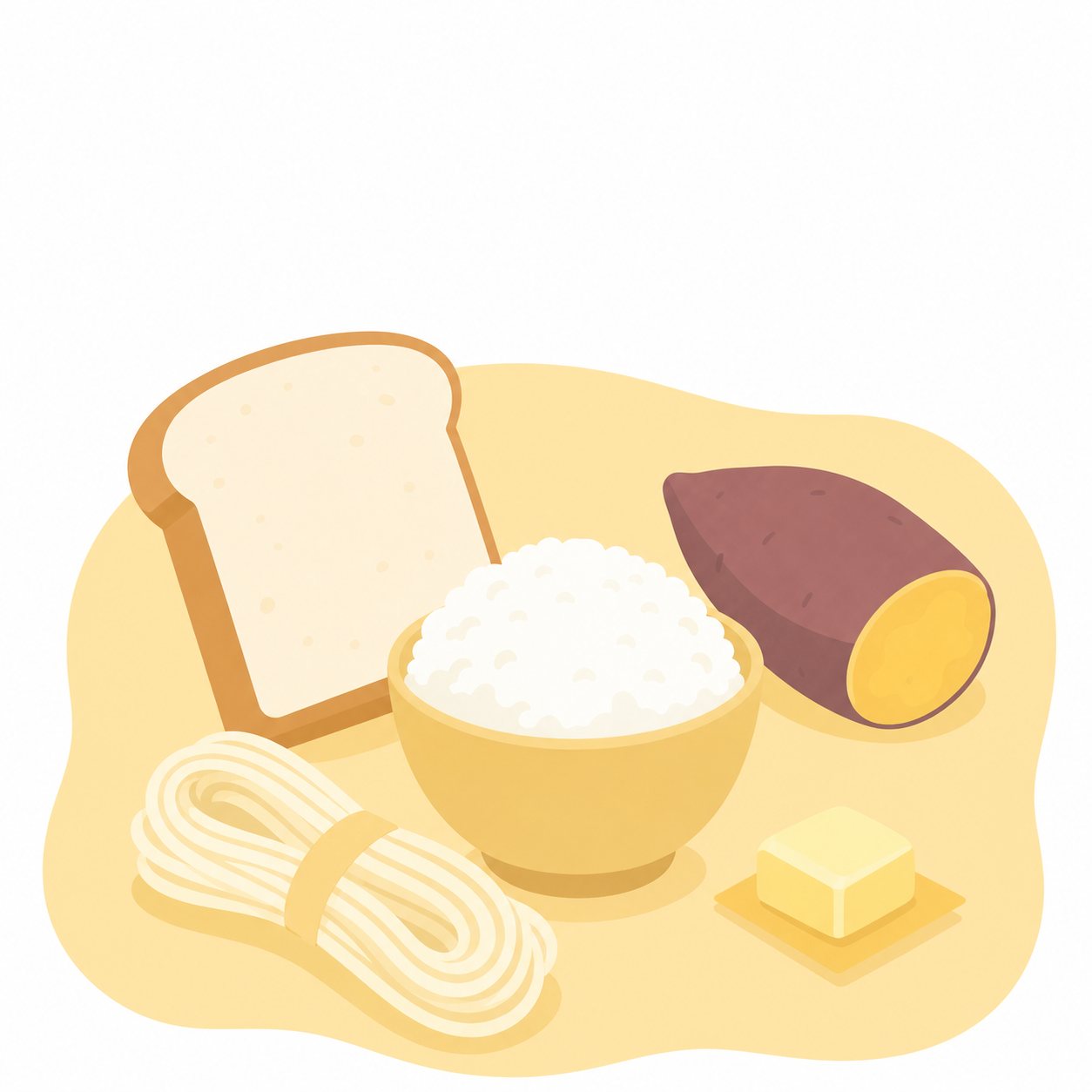三色食品群・黄(フラット)。エネルギーになる黄の食品(ごはん・パン・めん・いも・バター)。