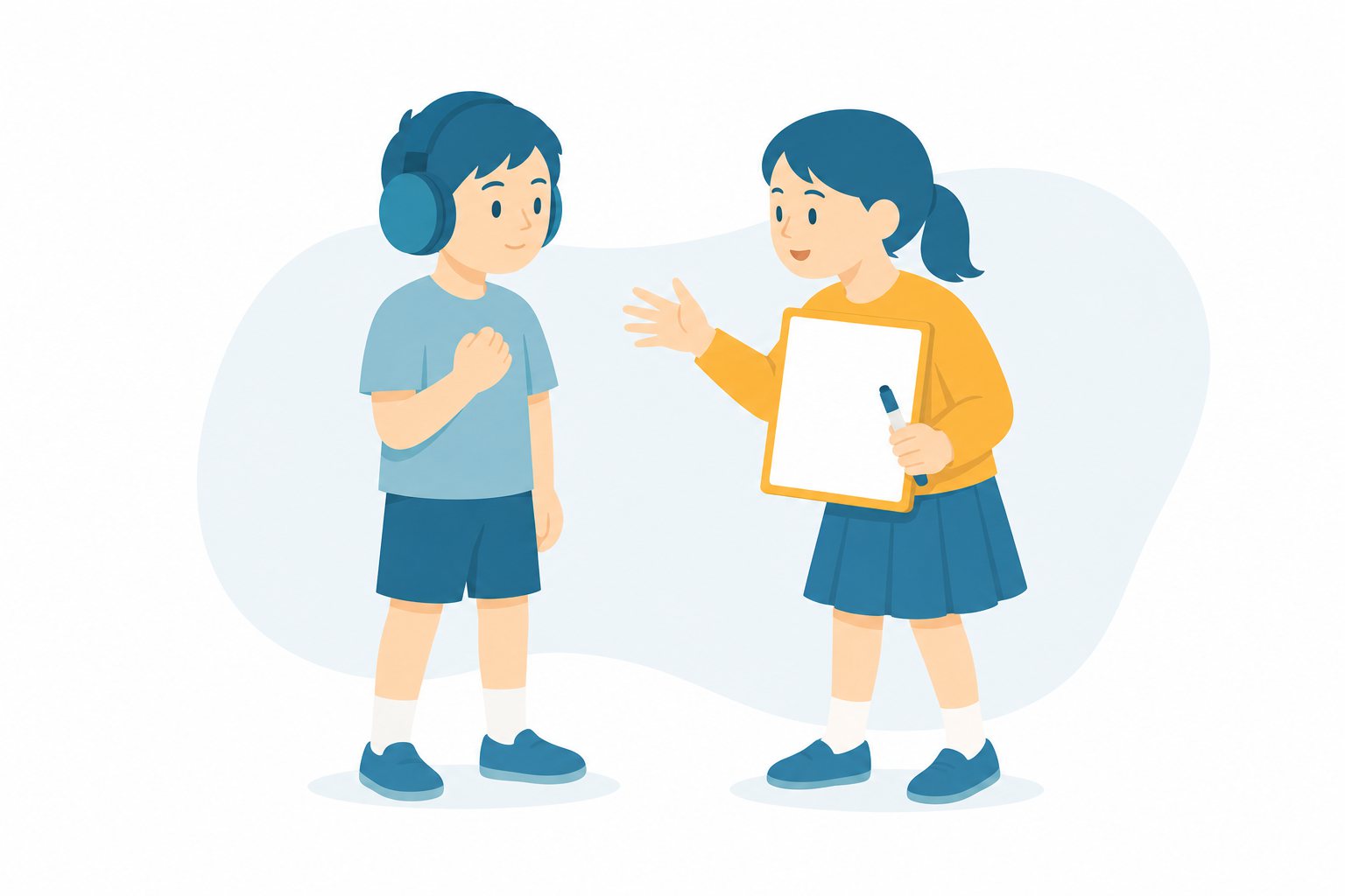 耳の不自由な人の体験（手ぶり・筆談）。イヤーマフをつけた子に、手ぶりと筆談ボードで伝える子のフラットイラスト。音のない中で伝え合う工夫。