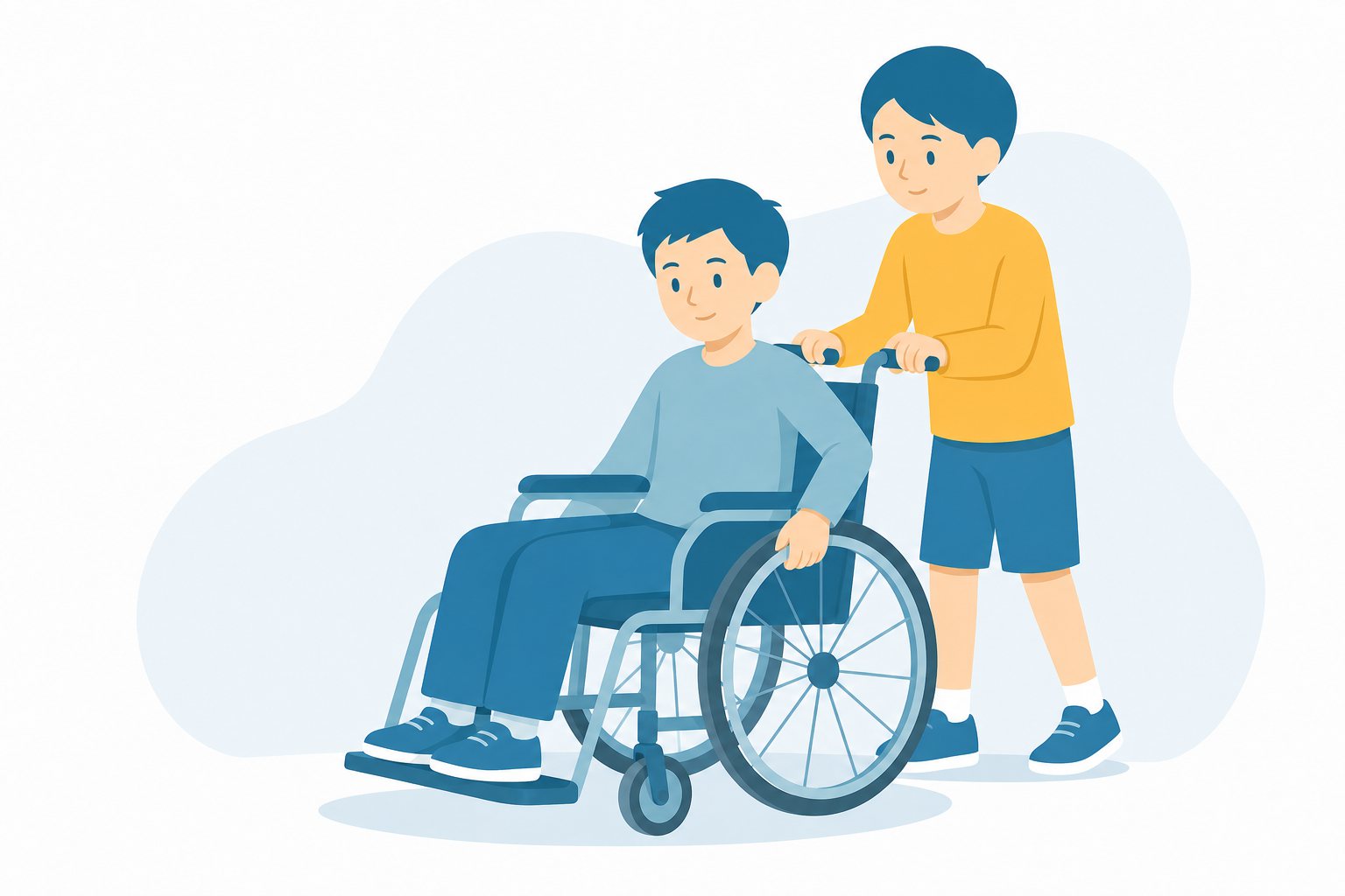 車椅子体験。車椅子に乗る子と、後ろで押して手伝う子のフラットイラスト。総合的な学習の時間の福祉体験の説明に。