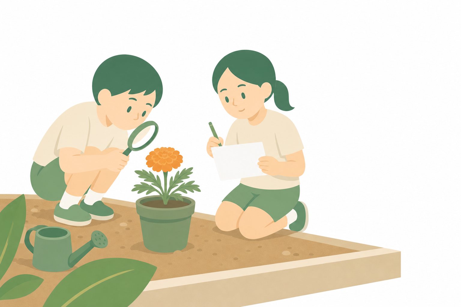 理科・虫めがねで観察。花だんの花を虫めがねで観察し記録する子どもたちのフラットイラスト。