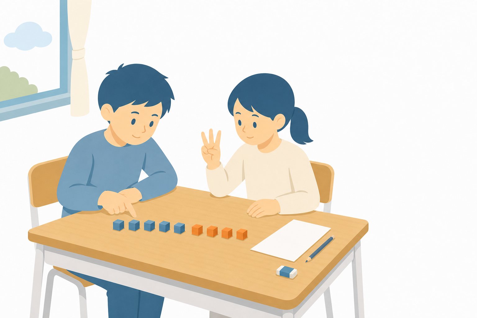 算数・ブロックで数える。数図ブロックを並べて数える子どもたちのフラットイラスト。