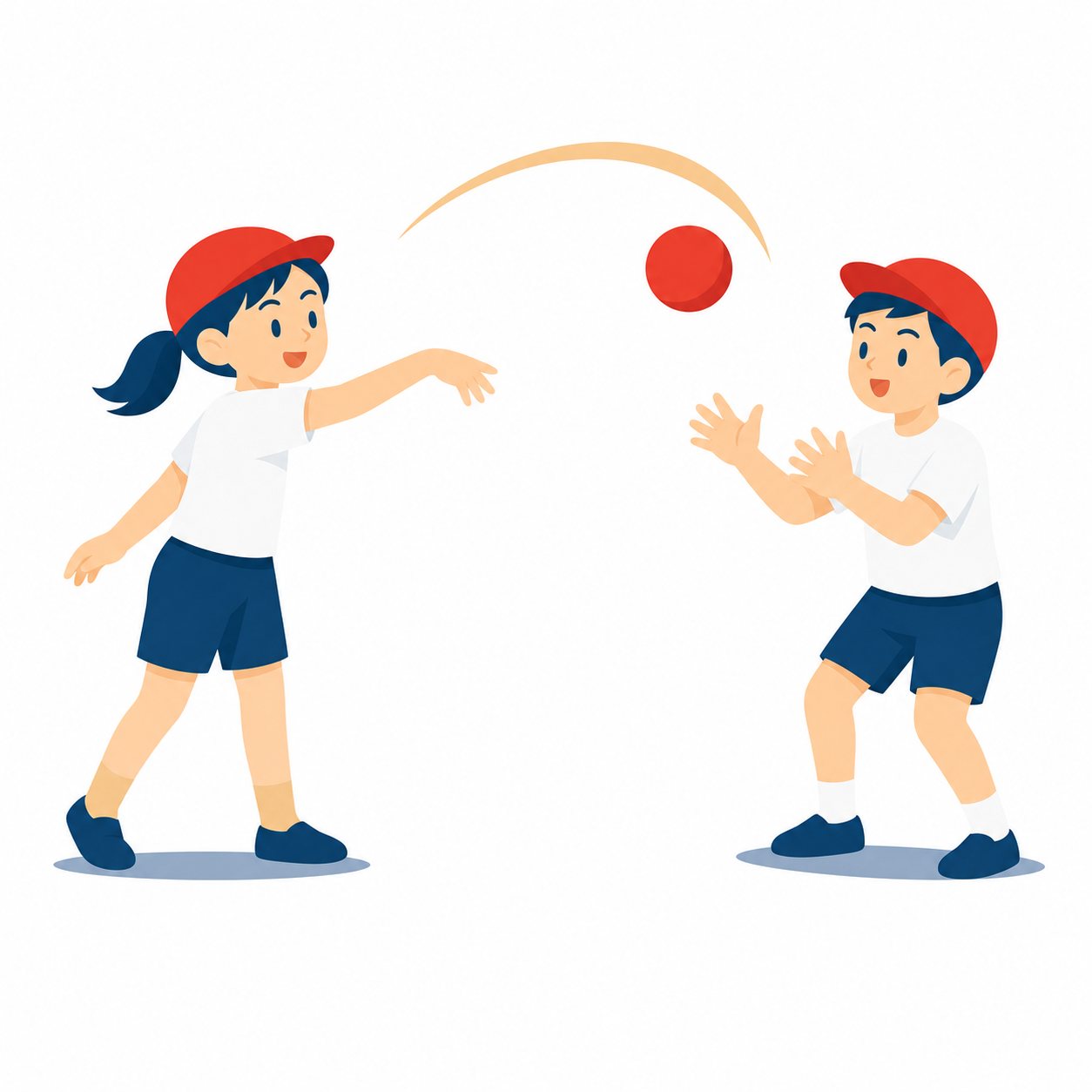 ボールをパスする子どもたち。ボールを投げて受け取る2人の子どものフラットイラスト。