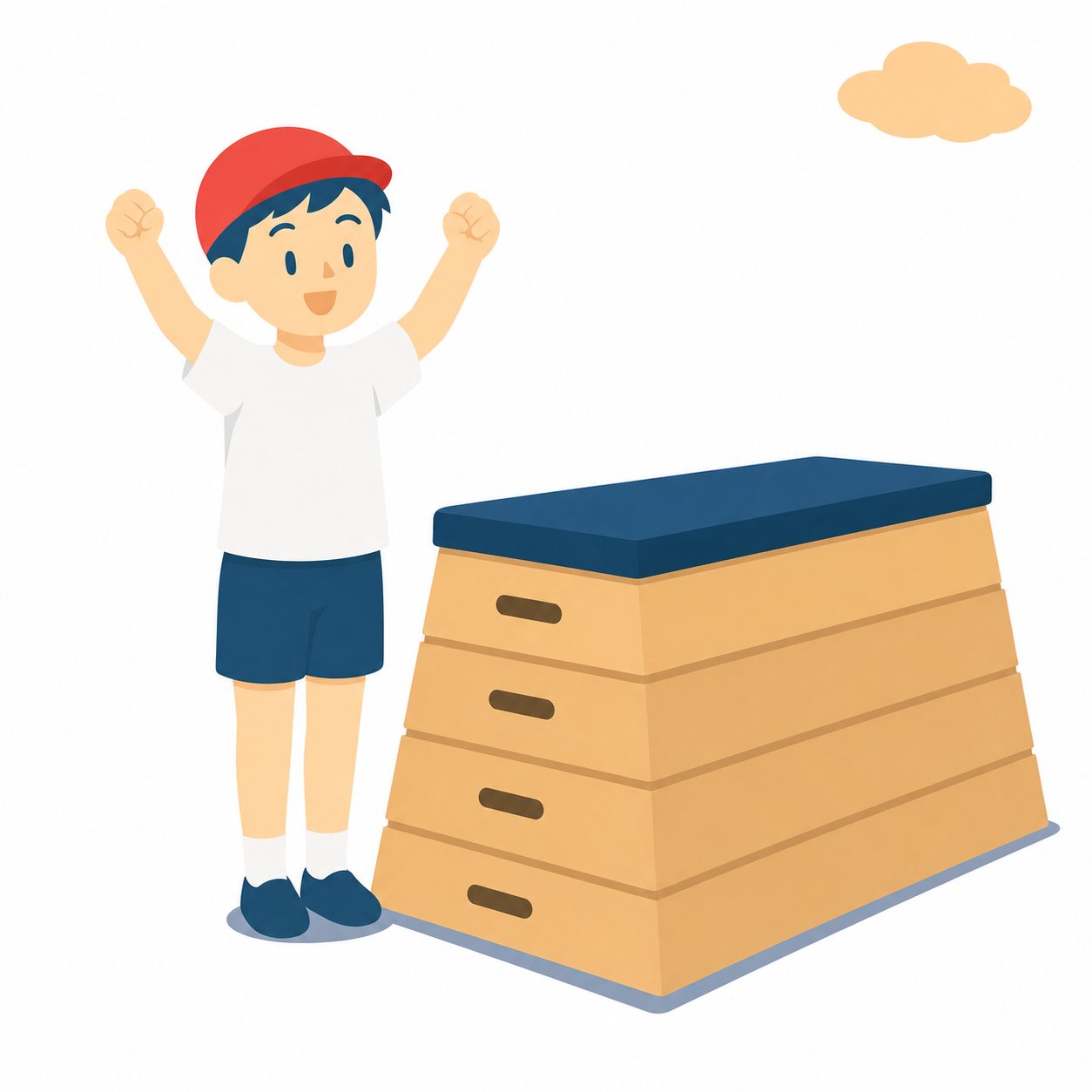 跳び箱で開脚跳びする子ども。跳び箱を開脚跳びで越える子どものフラットイラスト。