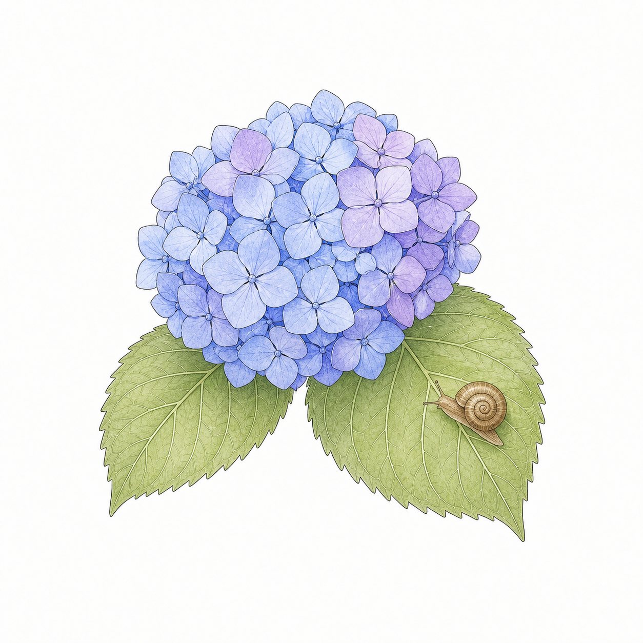 あじさいとかたつむり(線画)。青紫のあじさいと、葉をのぼるかたつむり。