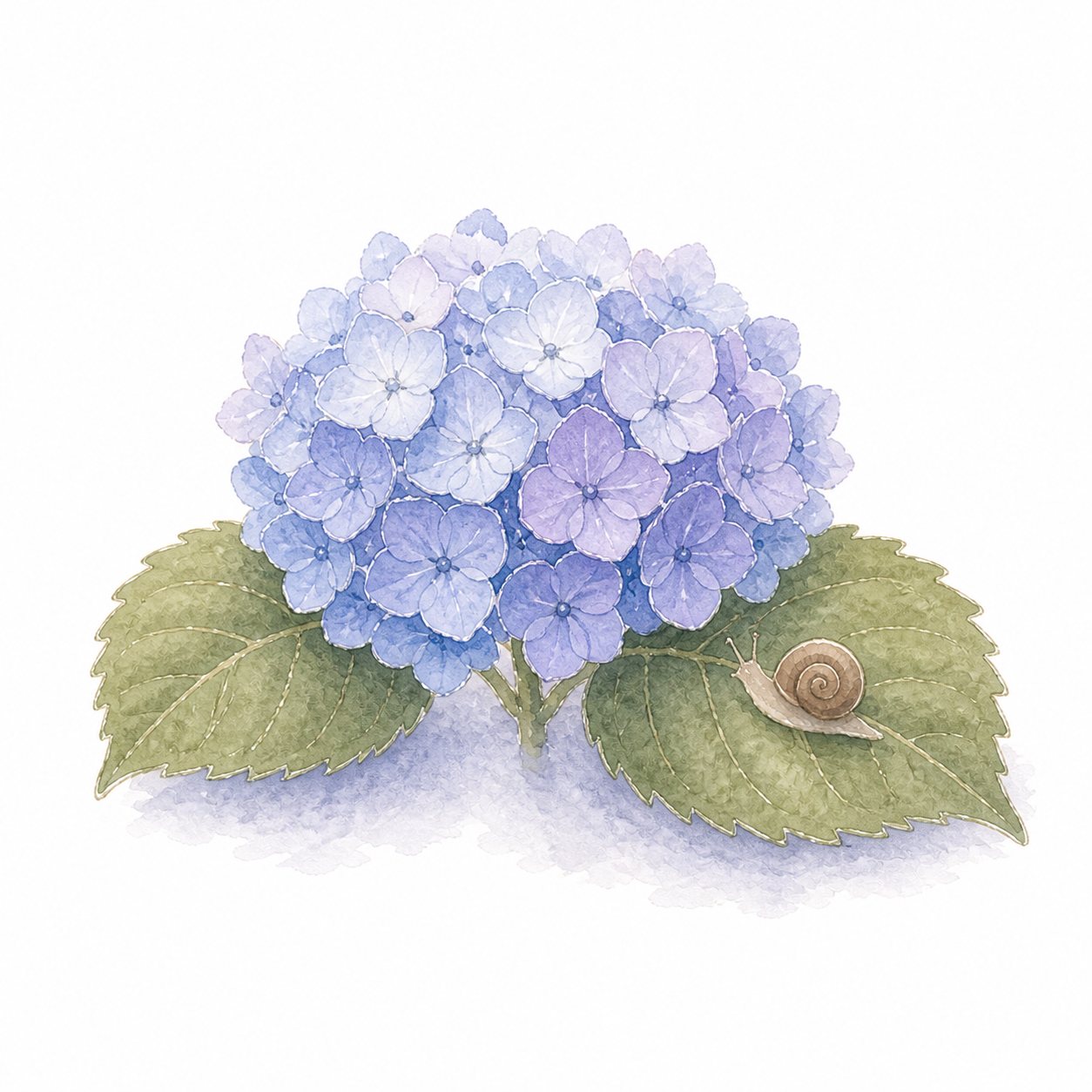 あじさいとかたつむり（水彩）。青紫のあじさいと、葉をのぼるかたつむり。