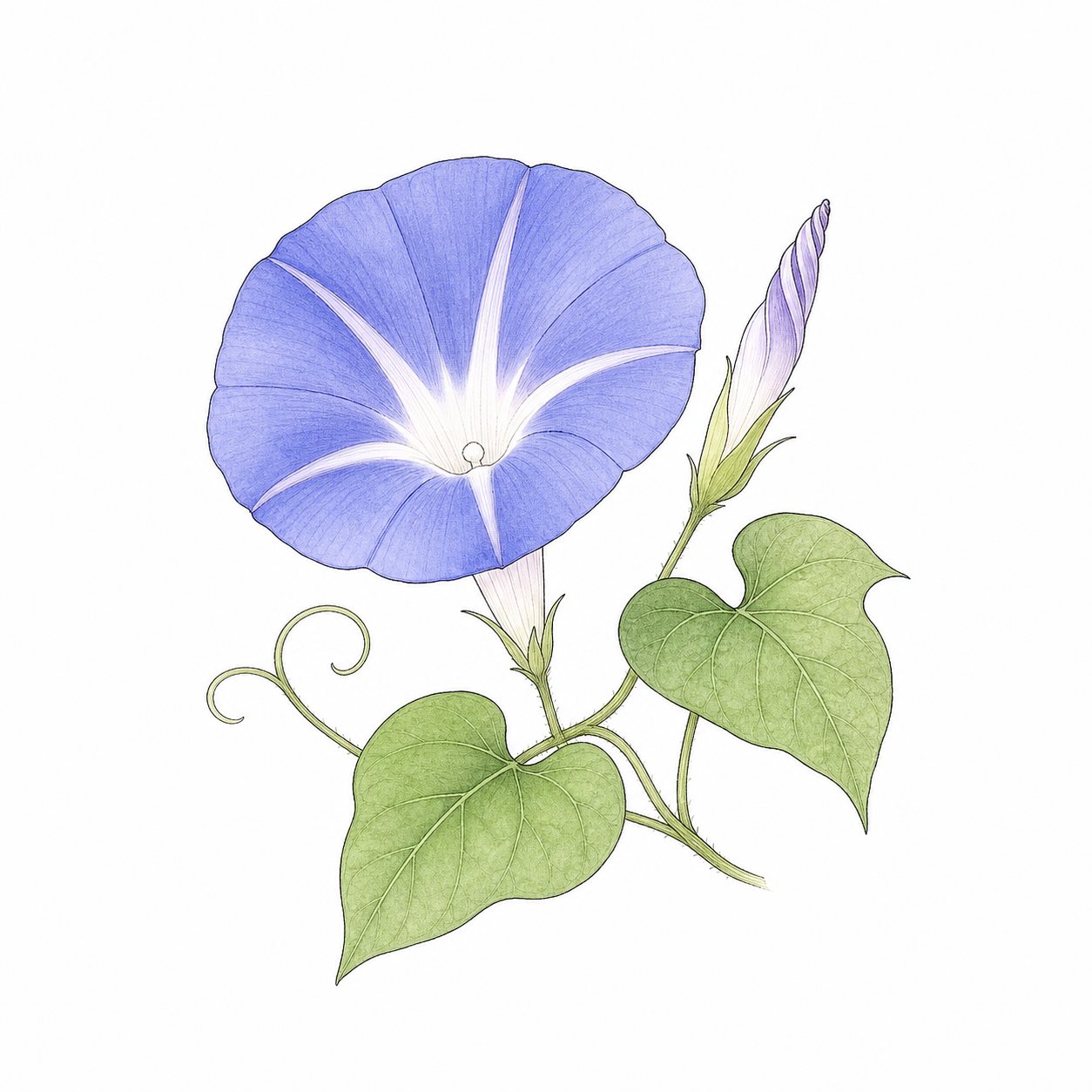 朝顔(線画)。青むらさきの朝顔の花とつぼみ、ハート形の葉。