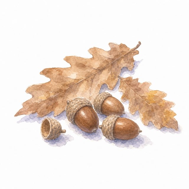 どんぐりと落ち葉（水彩）