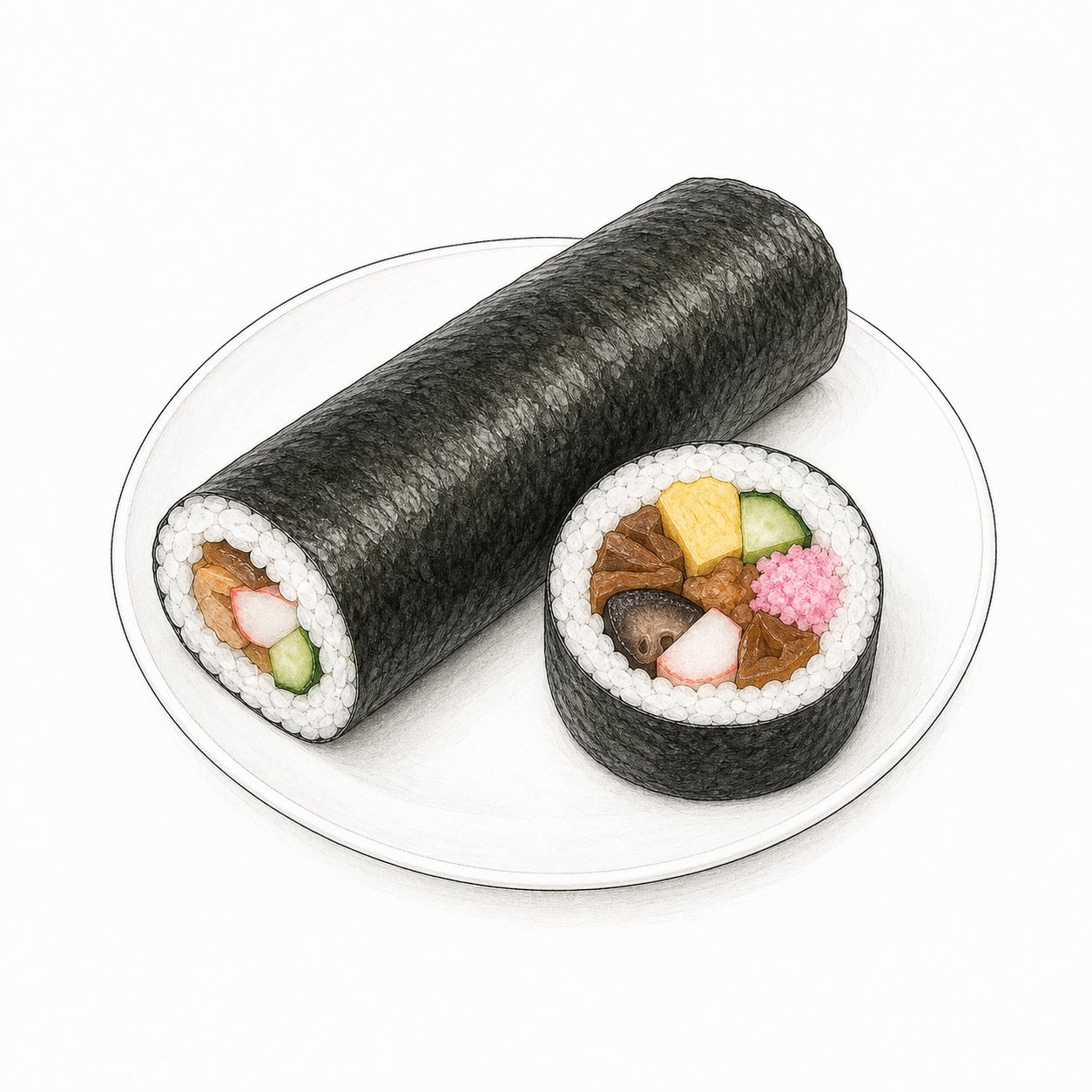 恵方巻(線画)。切り口に七つの具が見える恵方巻。