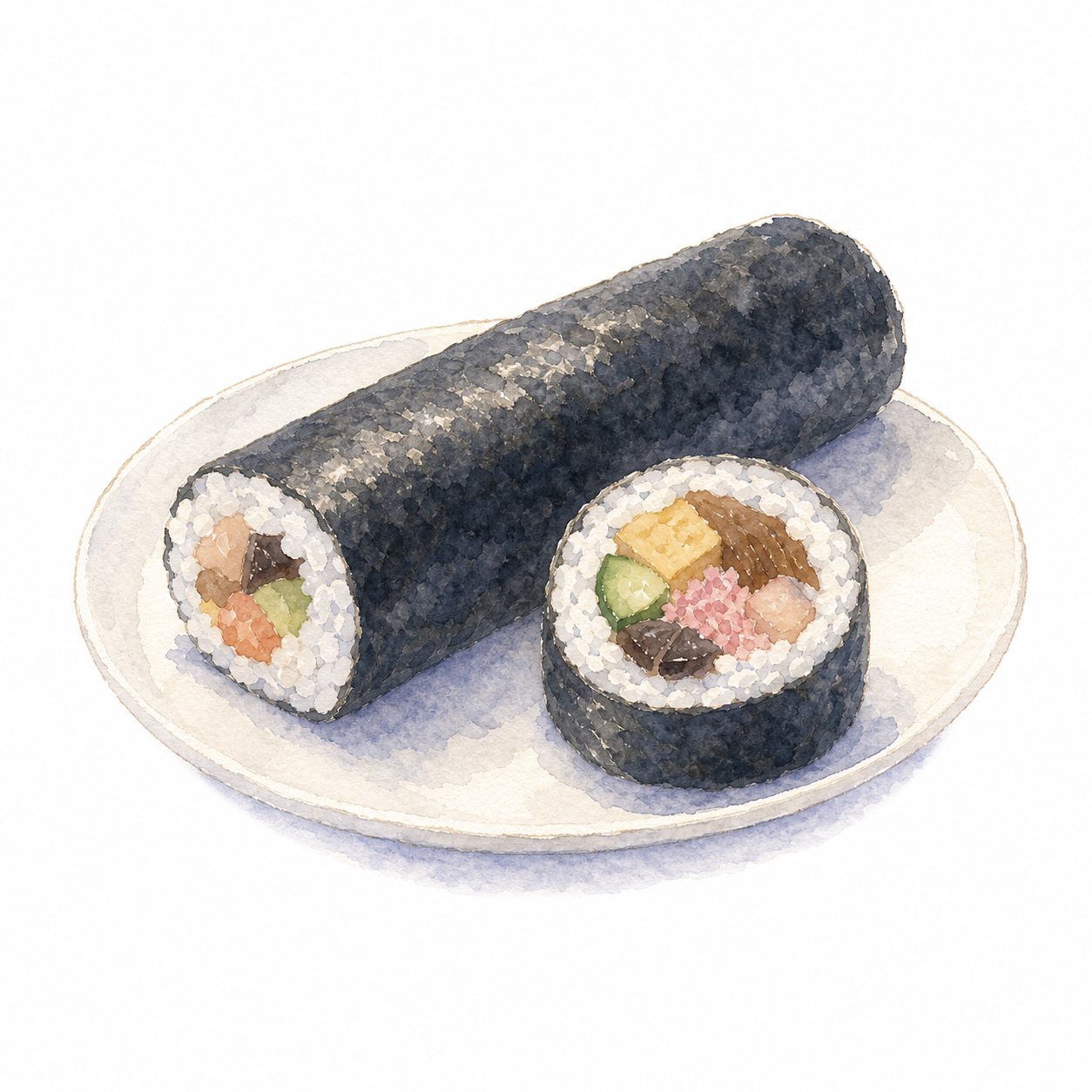 恵方巻（水彩）。切り口に七つの具が見える恵方巻。