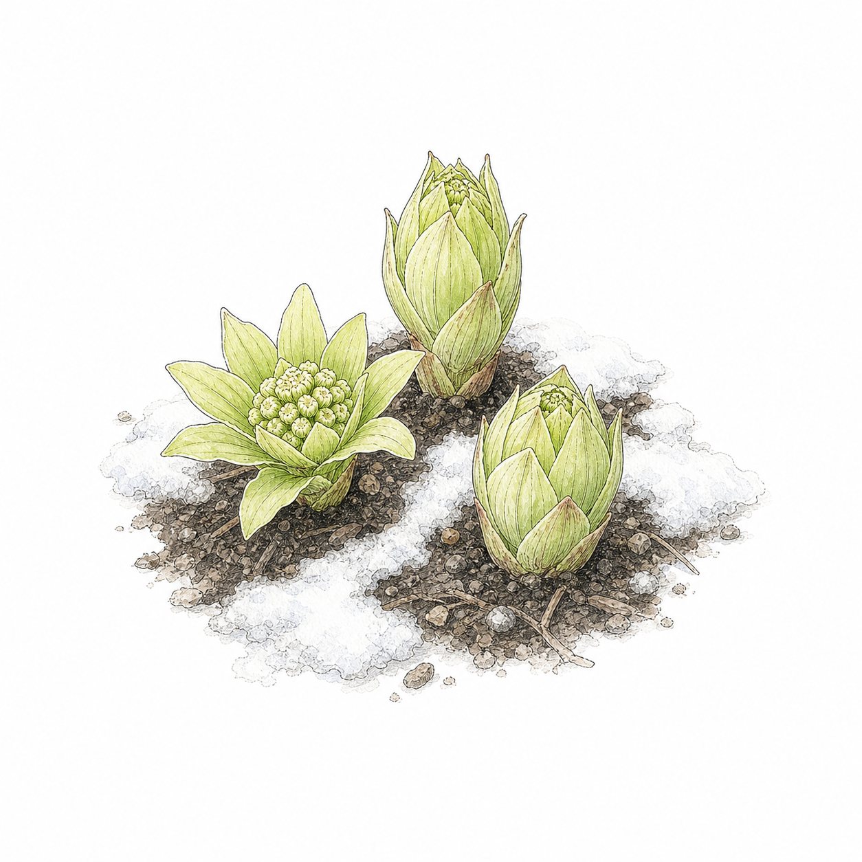 ふきのとう(線画)。残雪の土から顔を出したふきのとう。