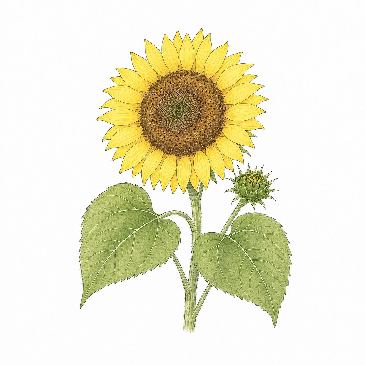 ひまわり（線画）。大きな花と葉、つぼみのついたひまわり。