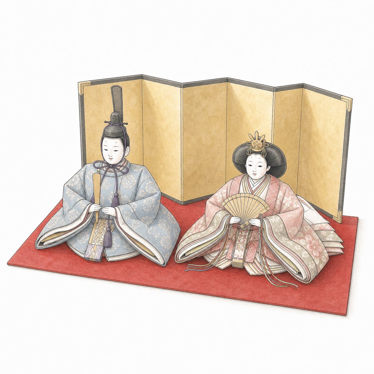 ひな人形（線画）。金屏風の前のお内裏様とおひな様。笏と扇まで描いた一対。