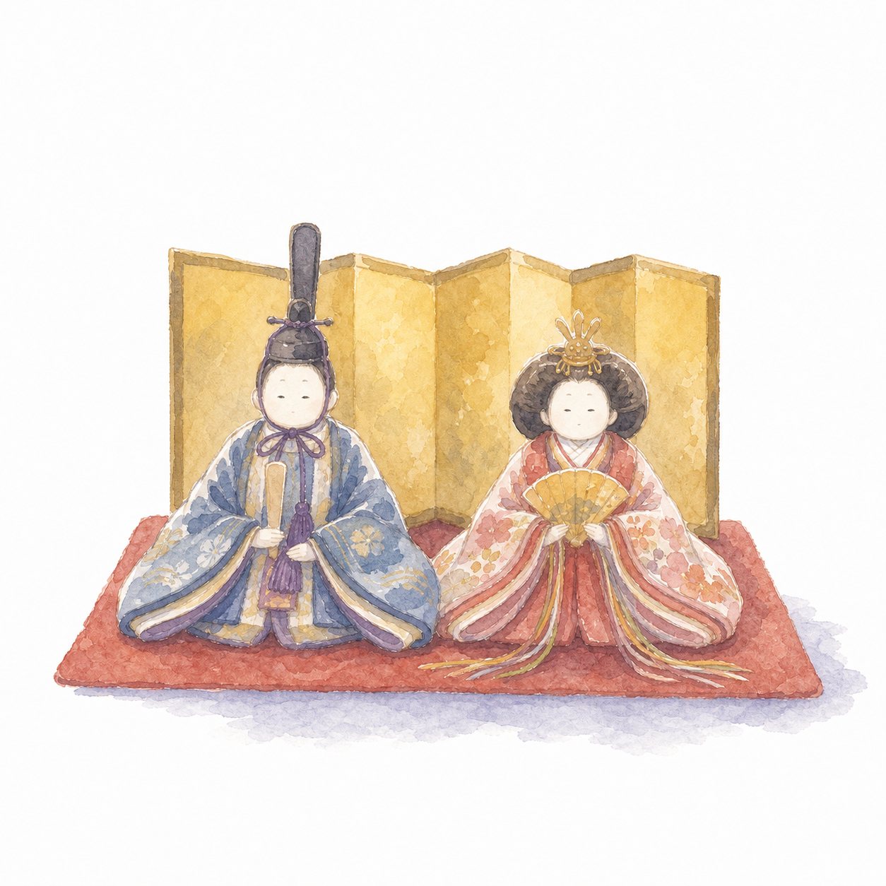 ひな人形（水彩）。金屏風の前のお内裏様とおひな様。笏と扇まで描いた一対。