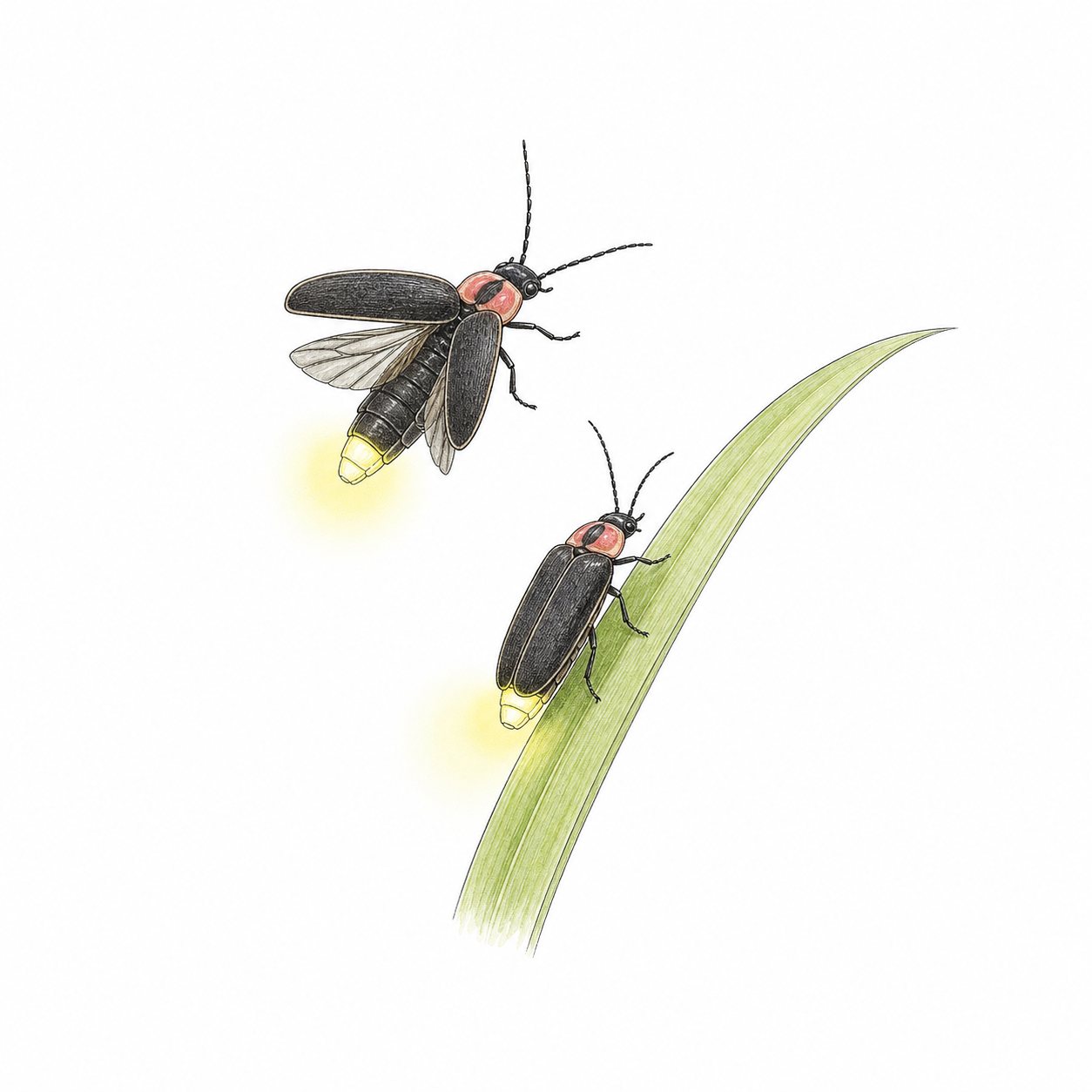 ホタル（線画）。草にとまり、尾を光らせるゲンジボタル。