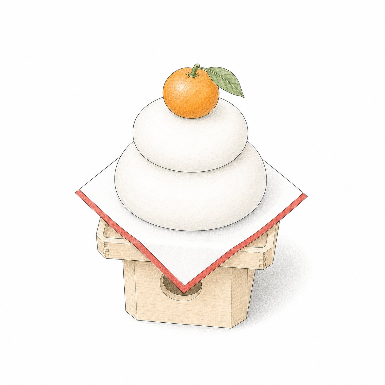 鏡もち（線画）。三方の上に四方紅を敷き、橙をのせた二段の鏡もち。