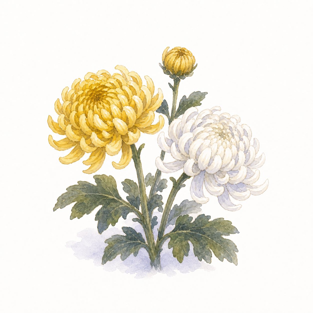 菊の花（水彩）。黄と白の菊の花とつぼみ。細かい花びらの重なりまで描いた一枚。