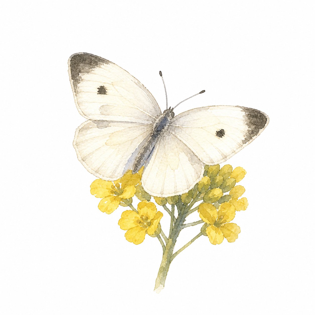 モンシロチョウ(水彩)。菜の花にとまるモンシロチョウ。前翅の黒い紋まで正確に。