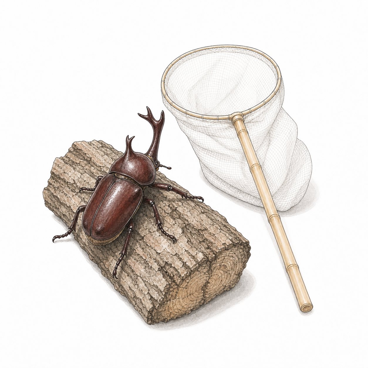 虫とり網とカブトムシ（線画）。オスのカブトムシと、子ども用の虫とり網。