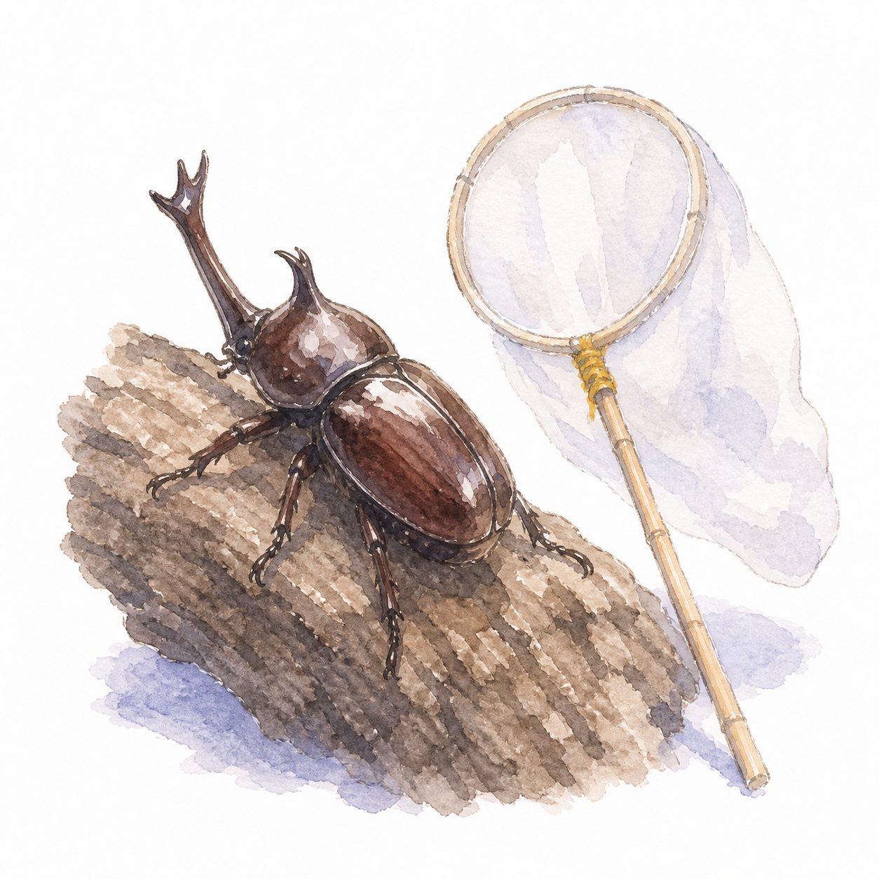 虫とり網とカブトムシ（水彩）。オスのカブトムシと、子ども用の虫とり網。