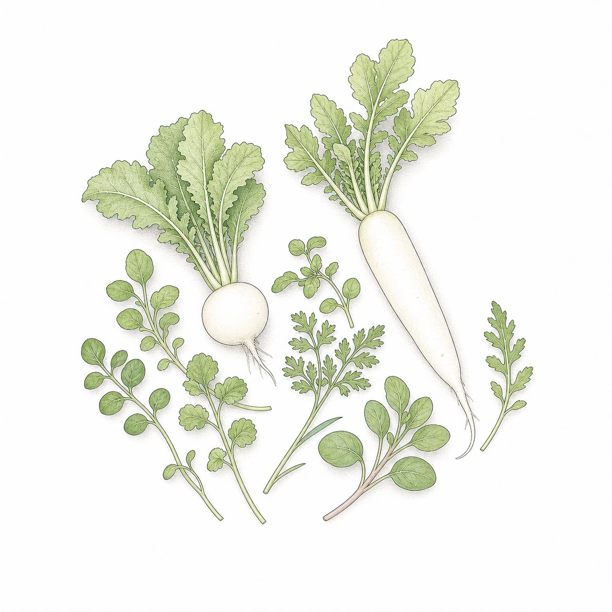 春の七草（線画）。すずな・すずしろと青菜たち、七種を数えられる並びで。