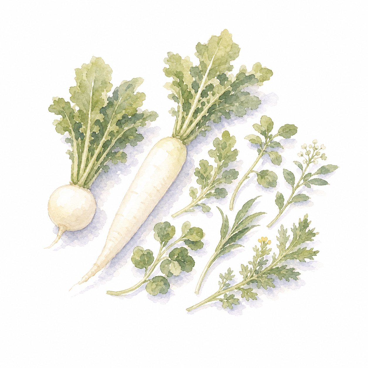 春の七草（水彩）。すずな・すずしろと青菜たち、七種を数えられる並びで。