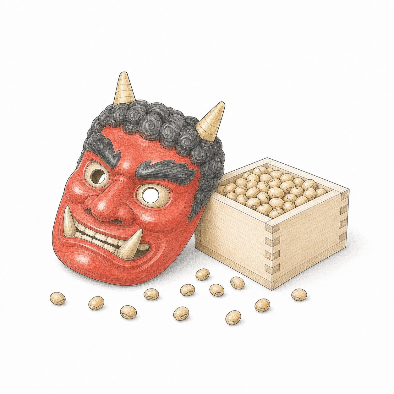 節分の鬼の面と豆（線画）。赤鬼の面と、枡いっぱいの福豆。